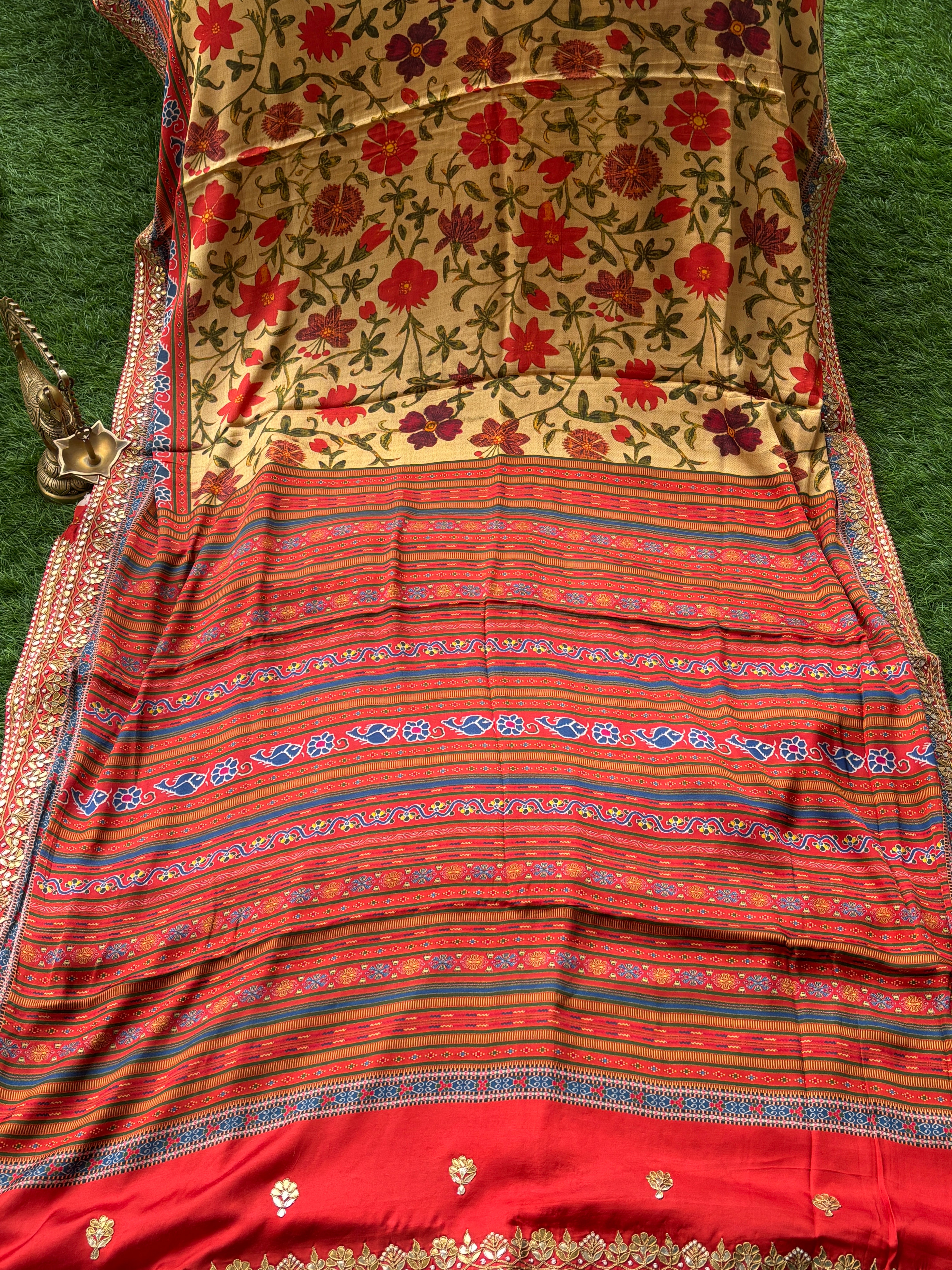 Elegant Brick Red Pure Crepe Silk Saree with Gota Work Border & Digital Floral Print