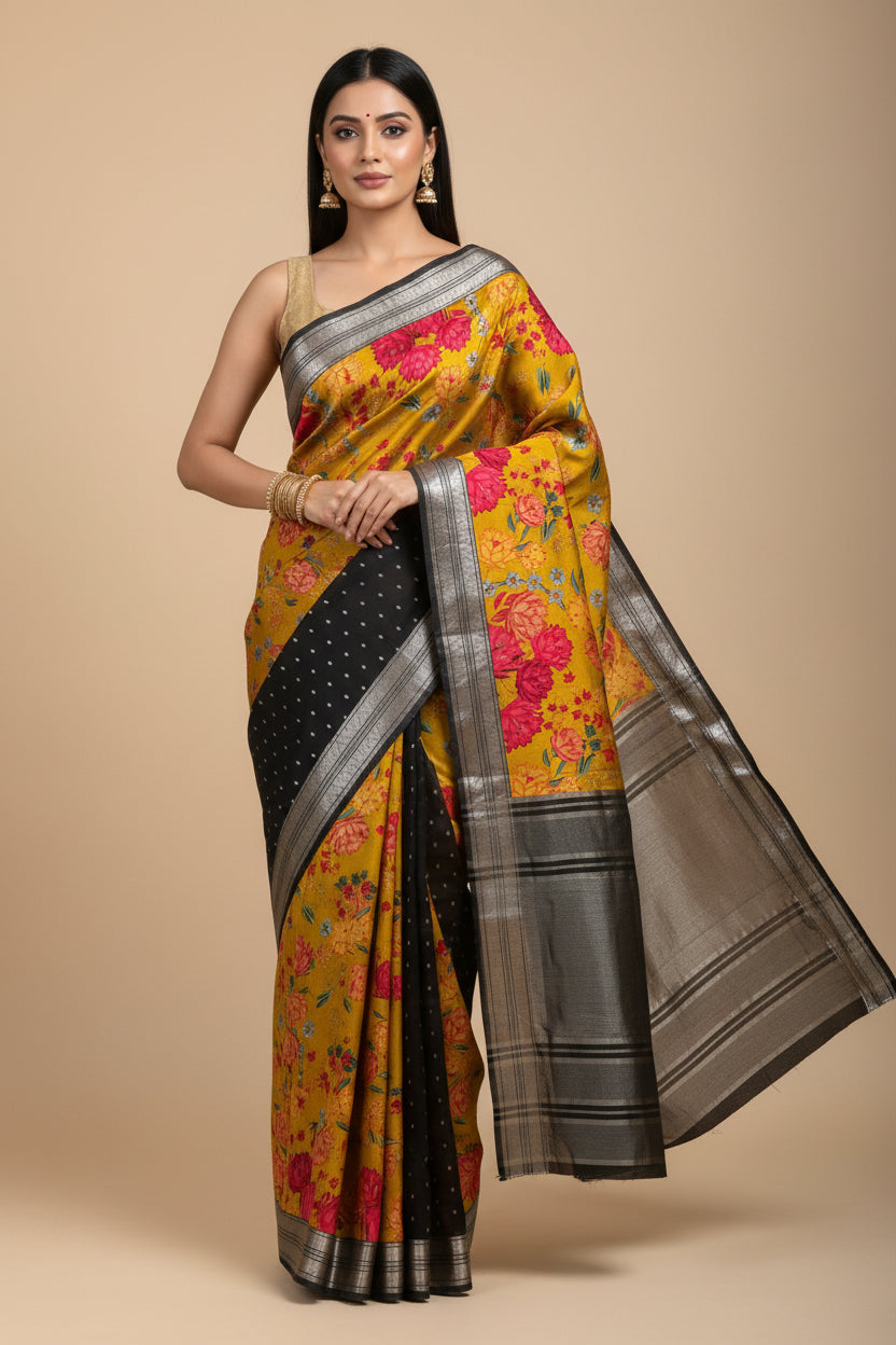 Pure Crepe Silk Mango Yellow & Black Digital Printed Designer Sare