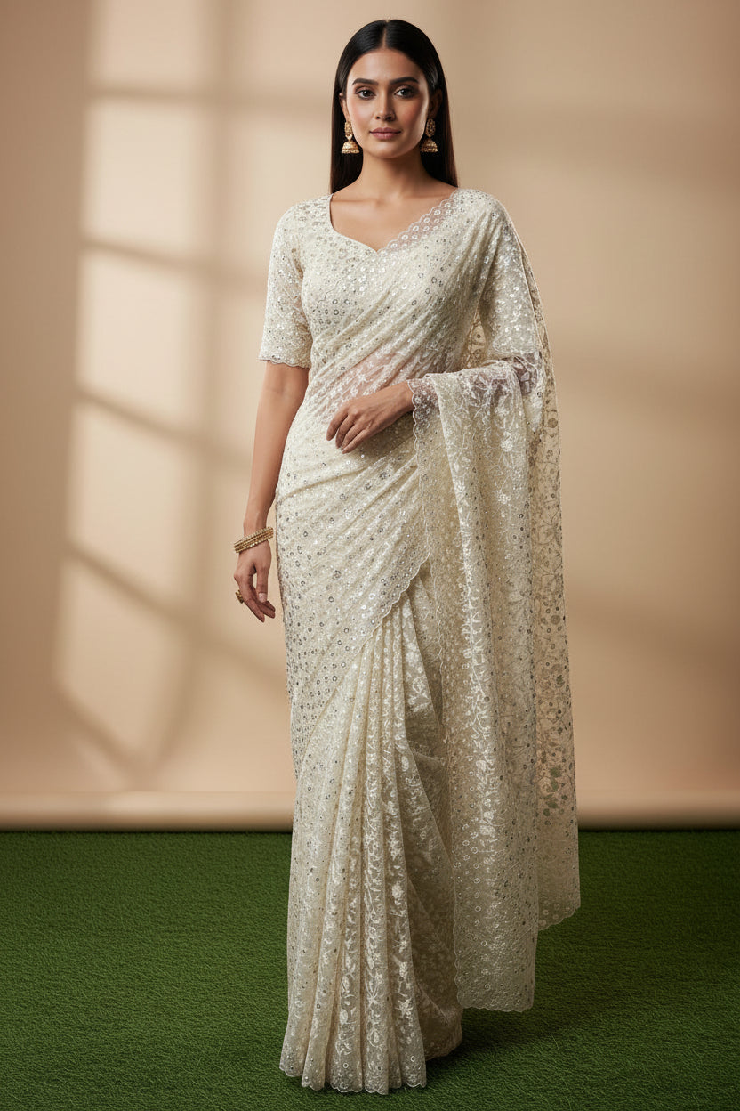 Off White Pure Organza Saree with Allover Thread Embroidery & Cutwork | Chandrika Lifestyles
