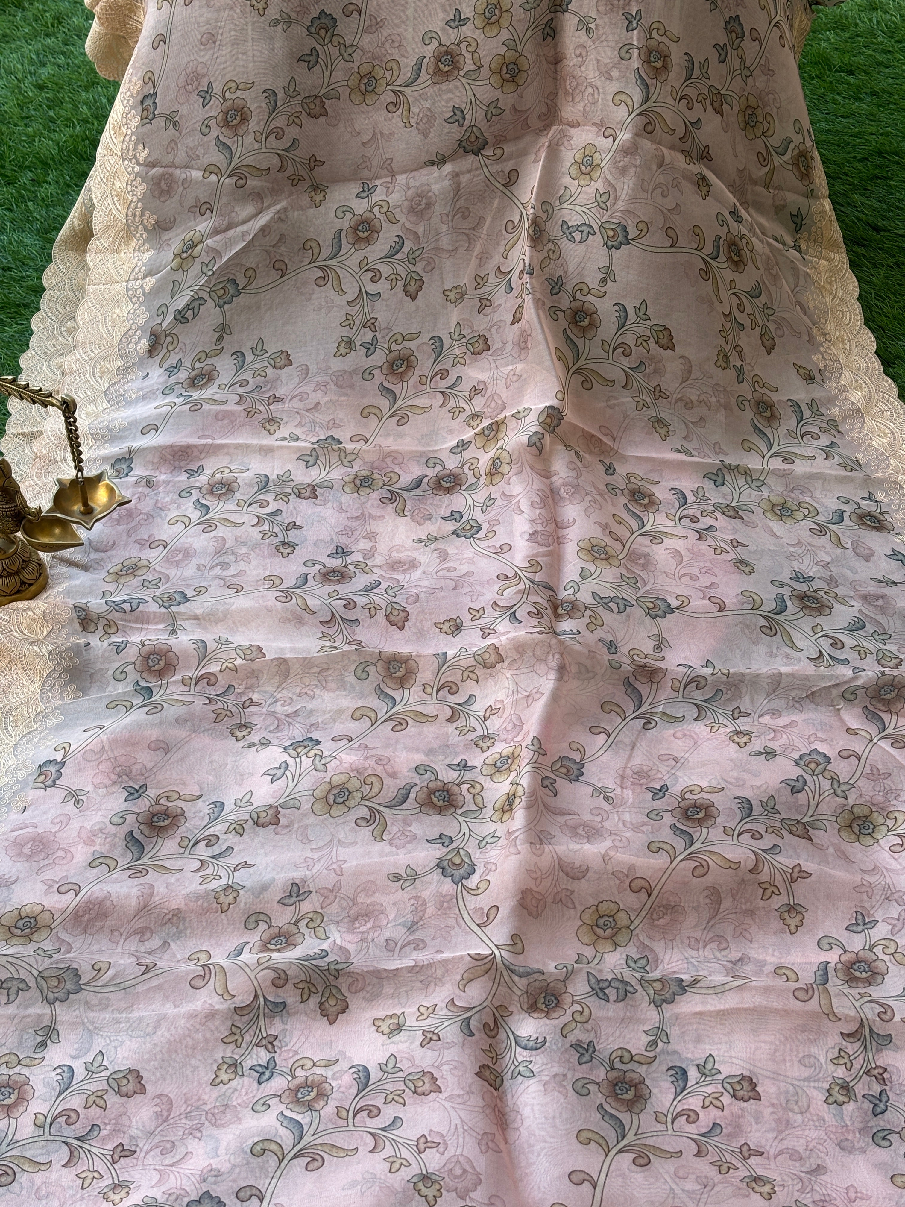 Pastel Pink Pure Organza Digital Printed Saree with Floral Print & Cutwork Border