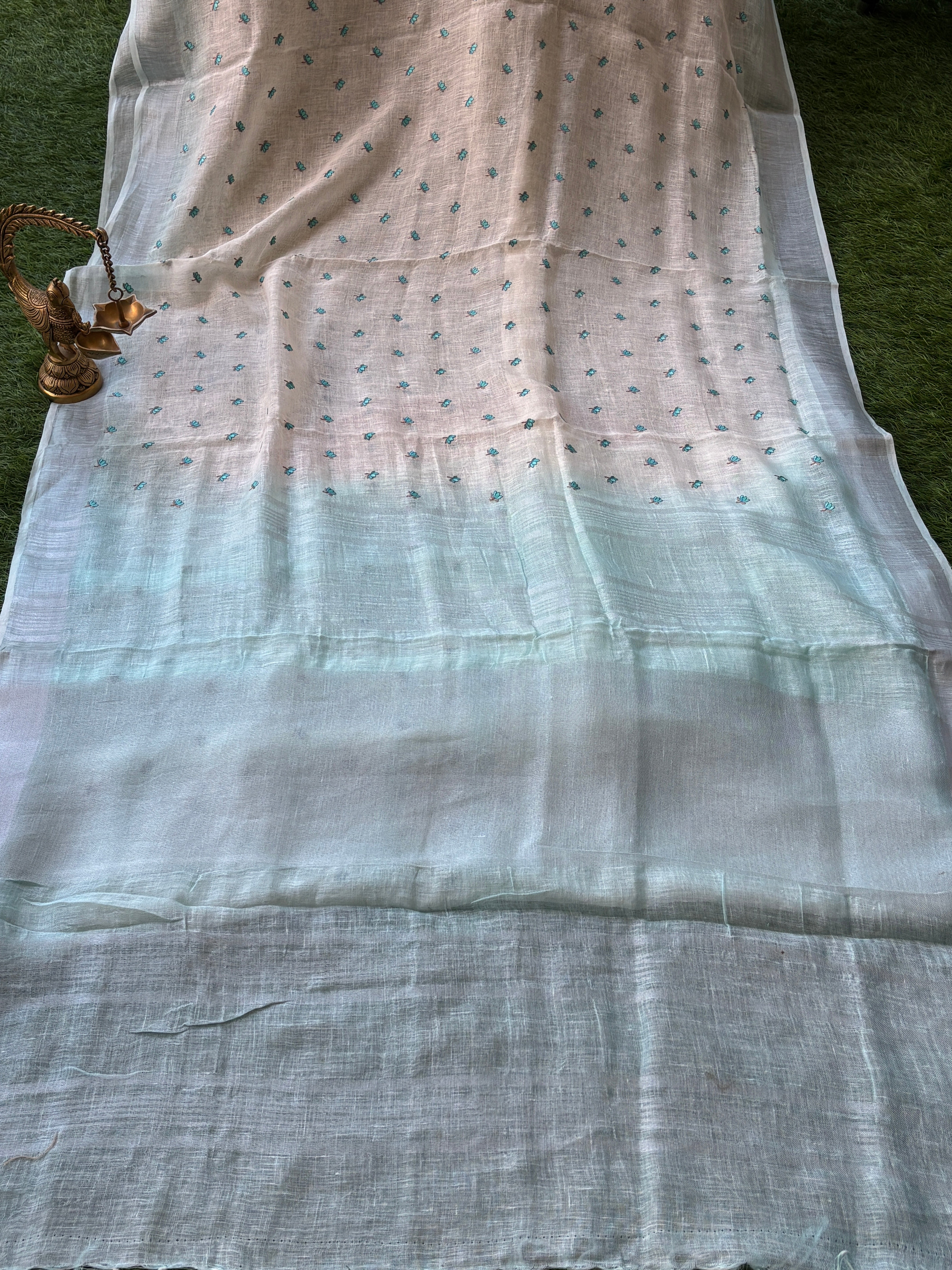White & Blue Pure Linen Saree with Allover Embroidered Butti | Chandrika Lifestyles