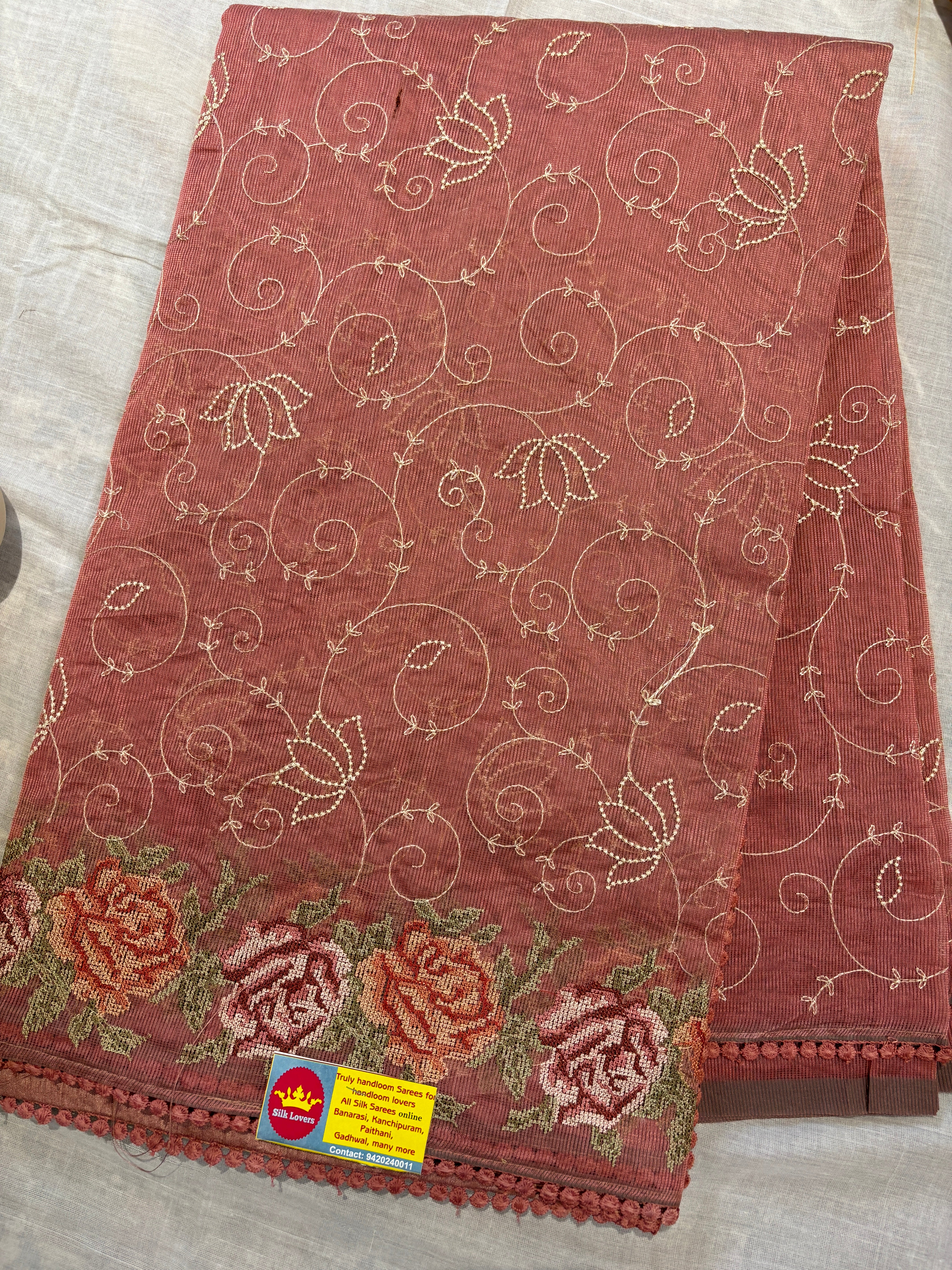 Lotus embroidery jaal supernet saree