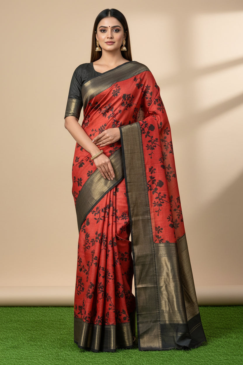 Red & Black Art Tissue Organza Printed Saree