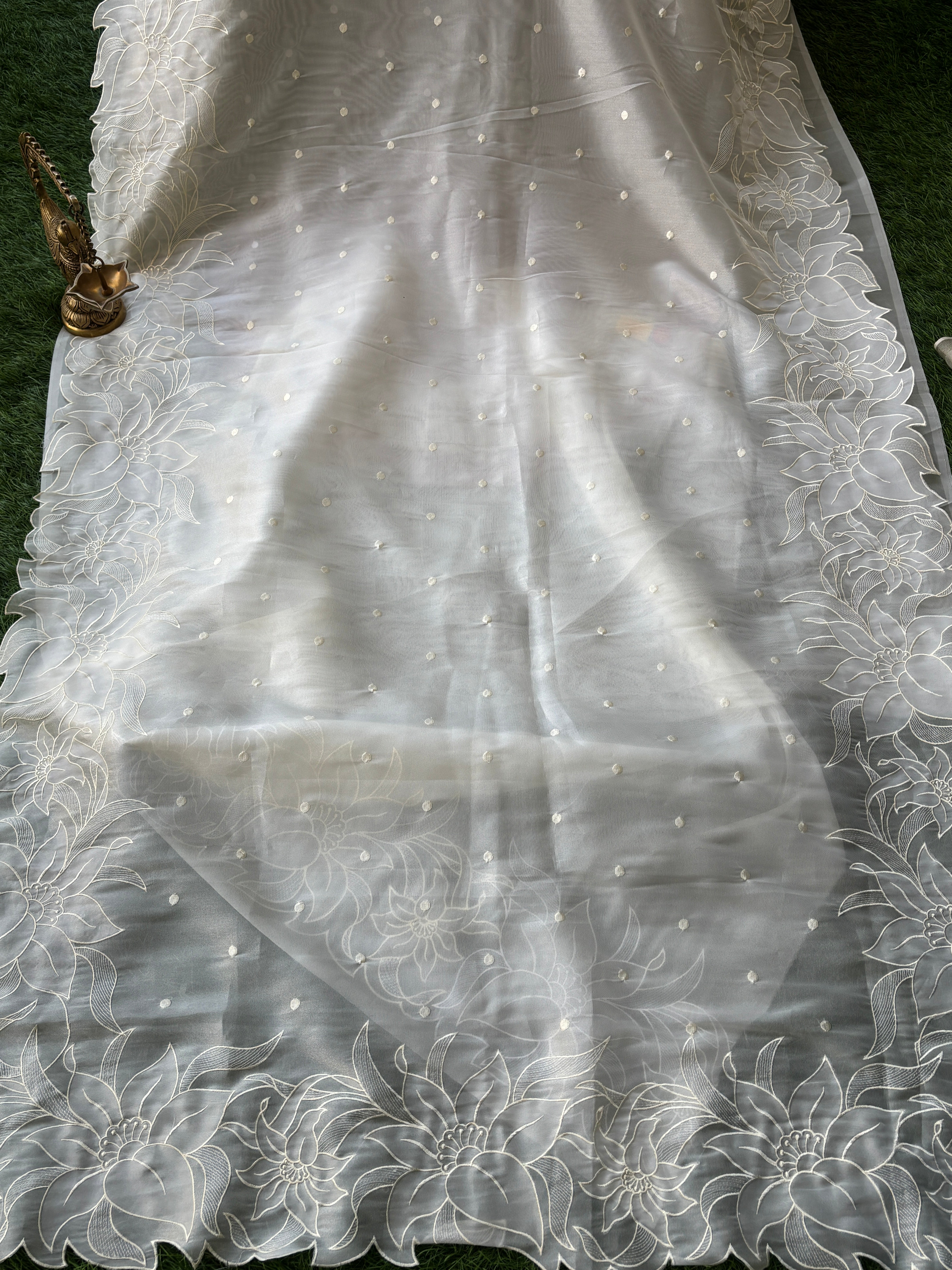 Pure Organza Saree in Off White with Elegant Cutwork Border
