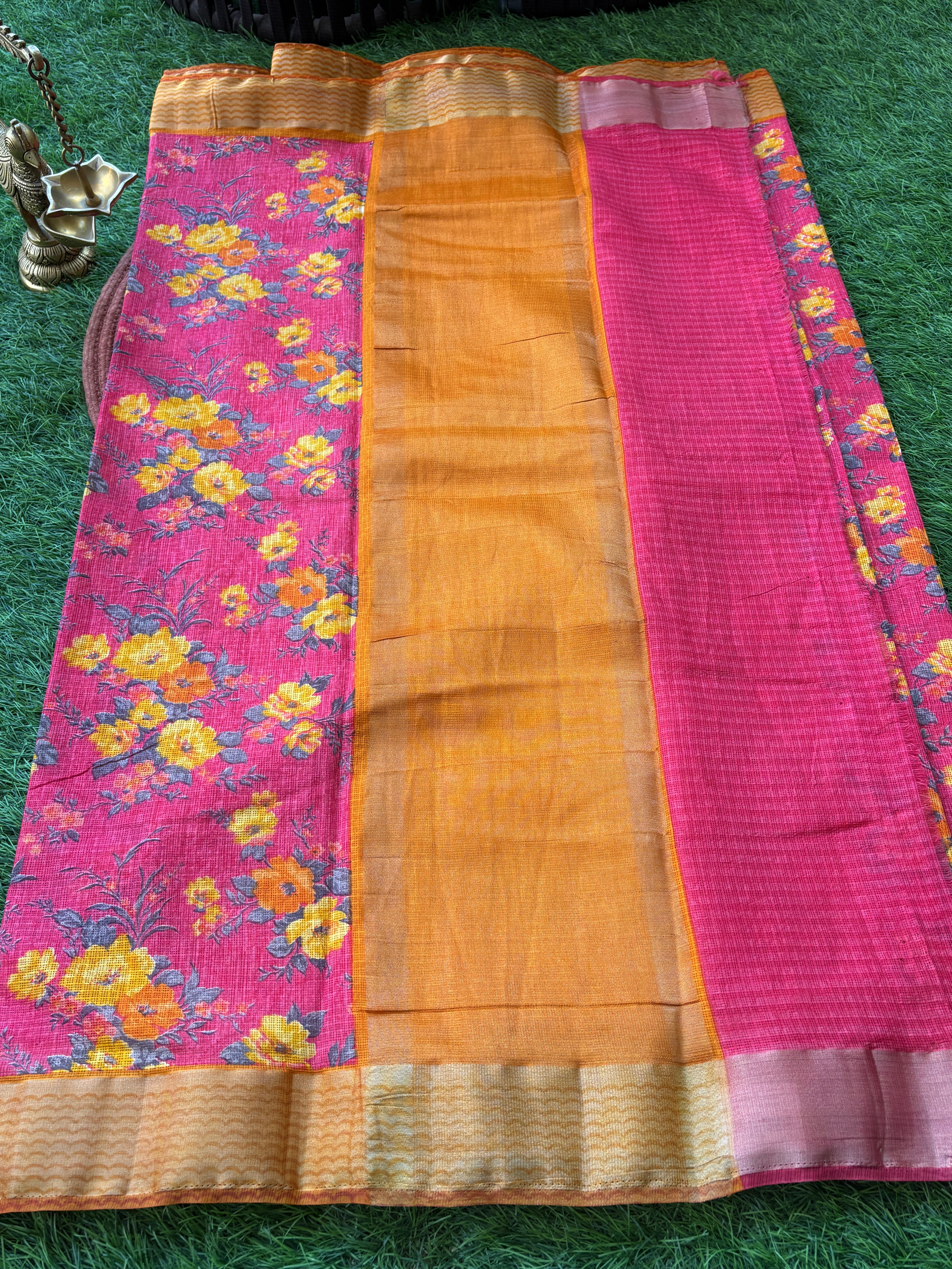 Red Floral Printed Kota Silk Saree with Yellow Border | Chandrika Lifestyles