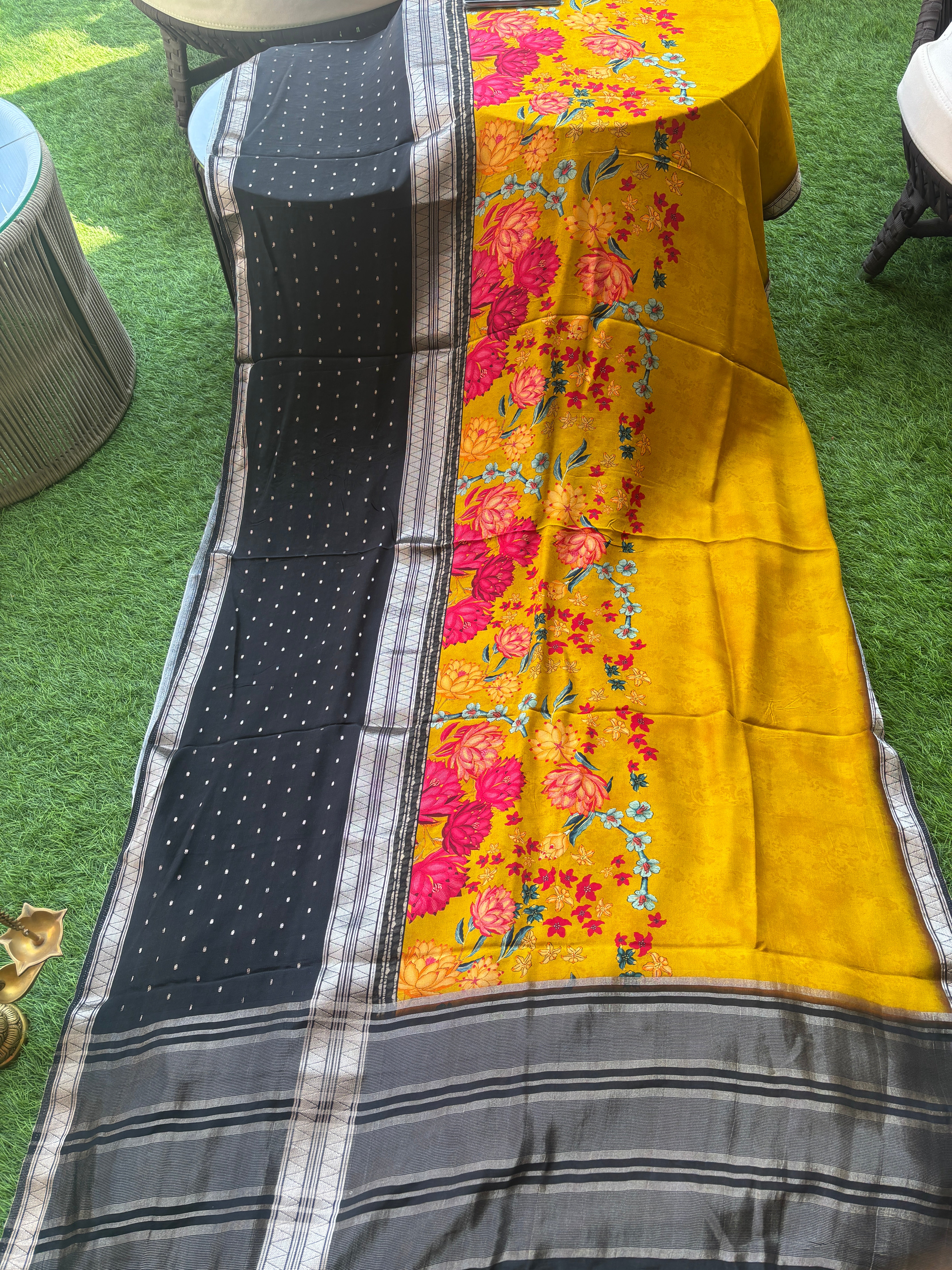 Pure Crepe Silk Mango Yellow & Black Digital Printed Designer Sare