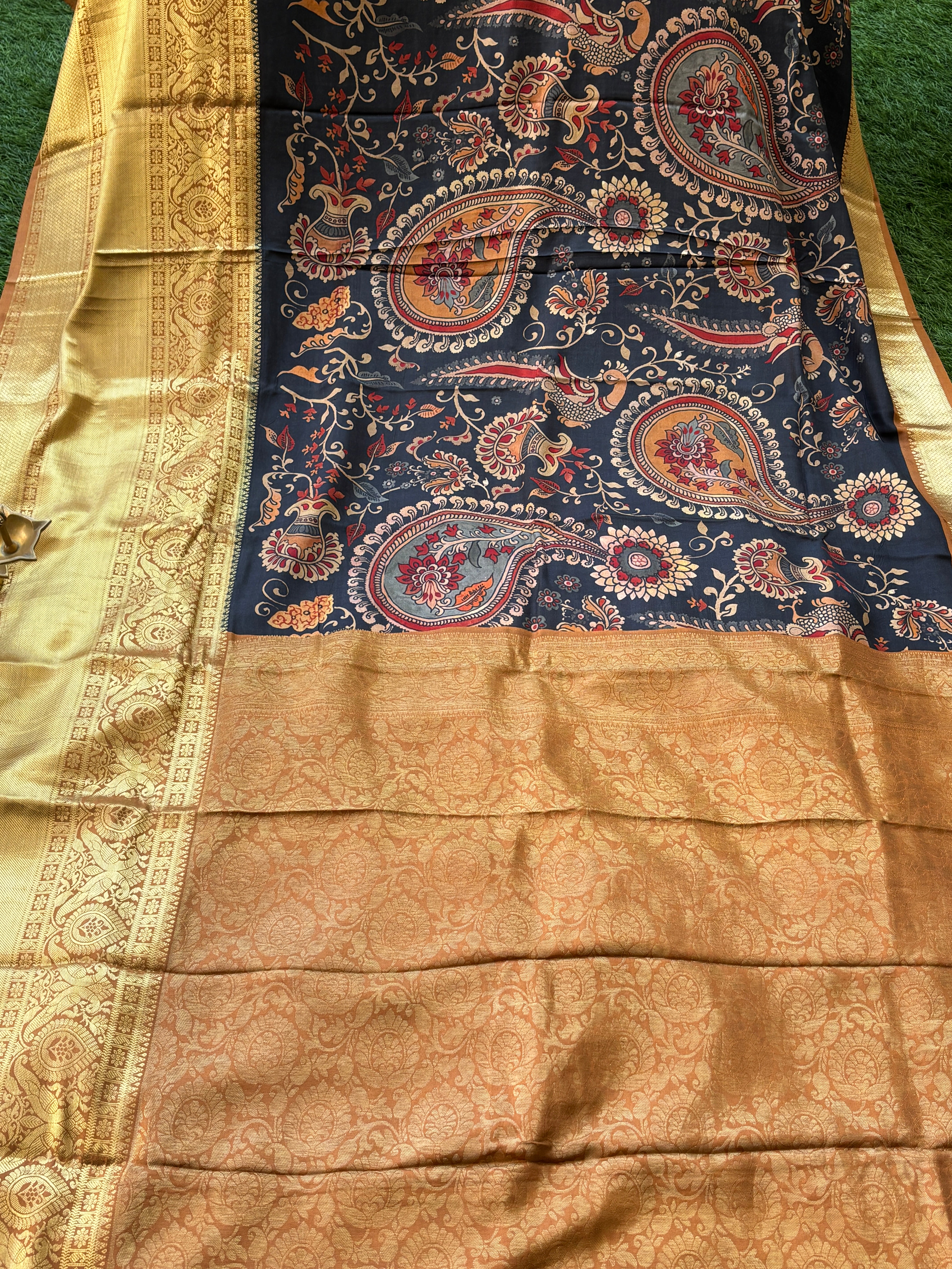 Dark Navy Blue Pure Silk Digital Floral Saree with Broad Dharmavaram Zari Border