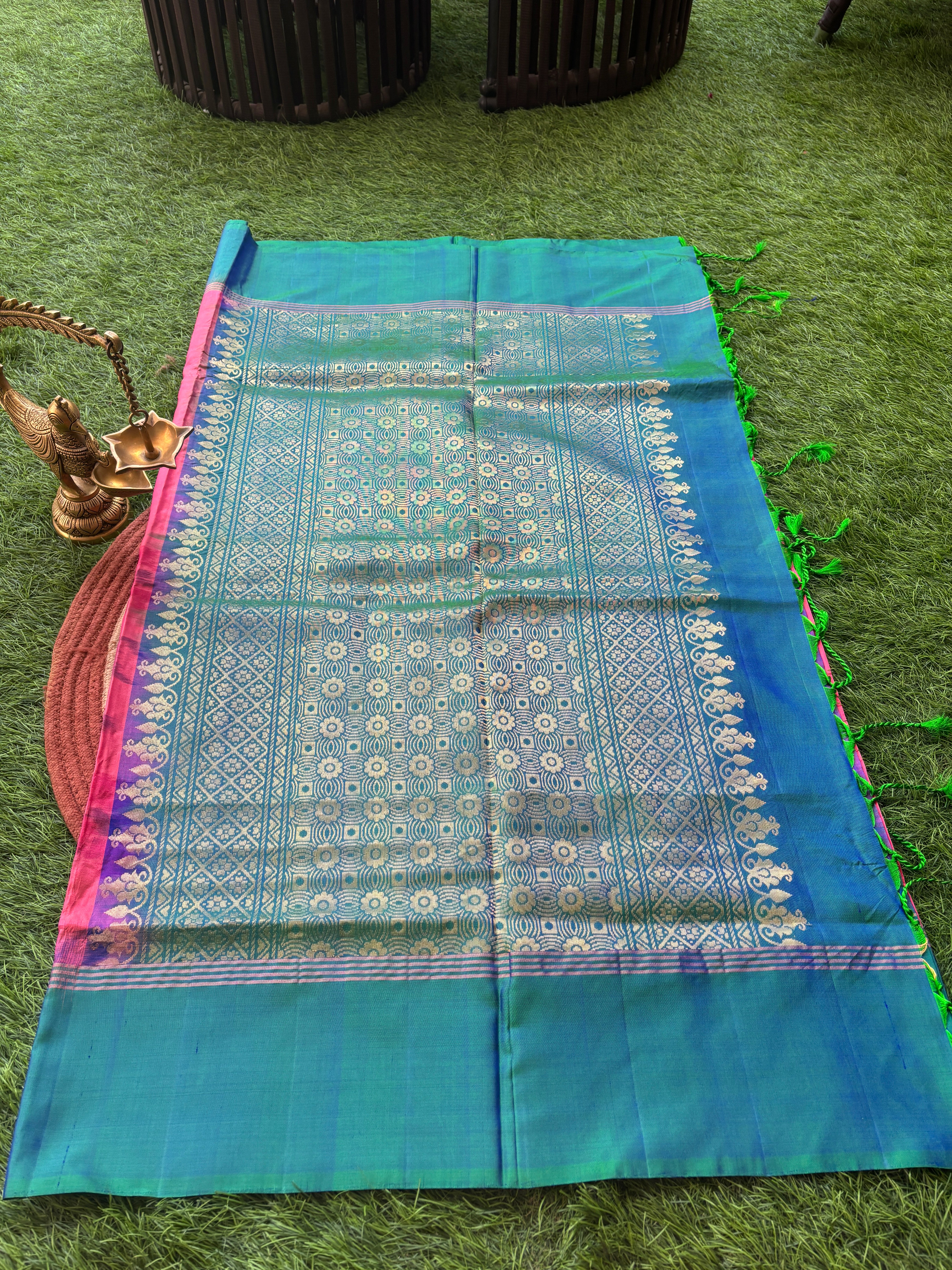 Pure Silk Peach Pink Saree with Zari Bootas, Green Border and Ikat Pallu