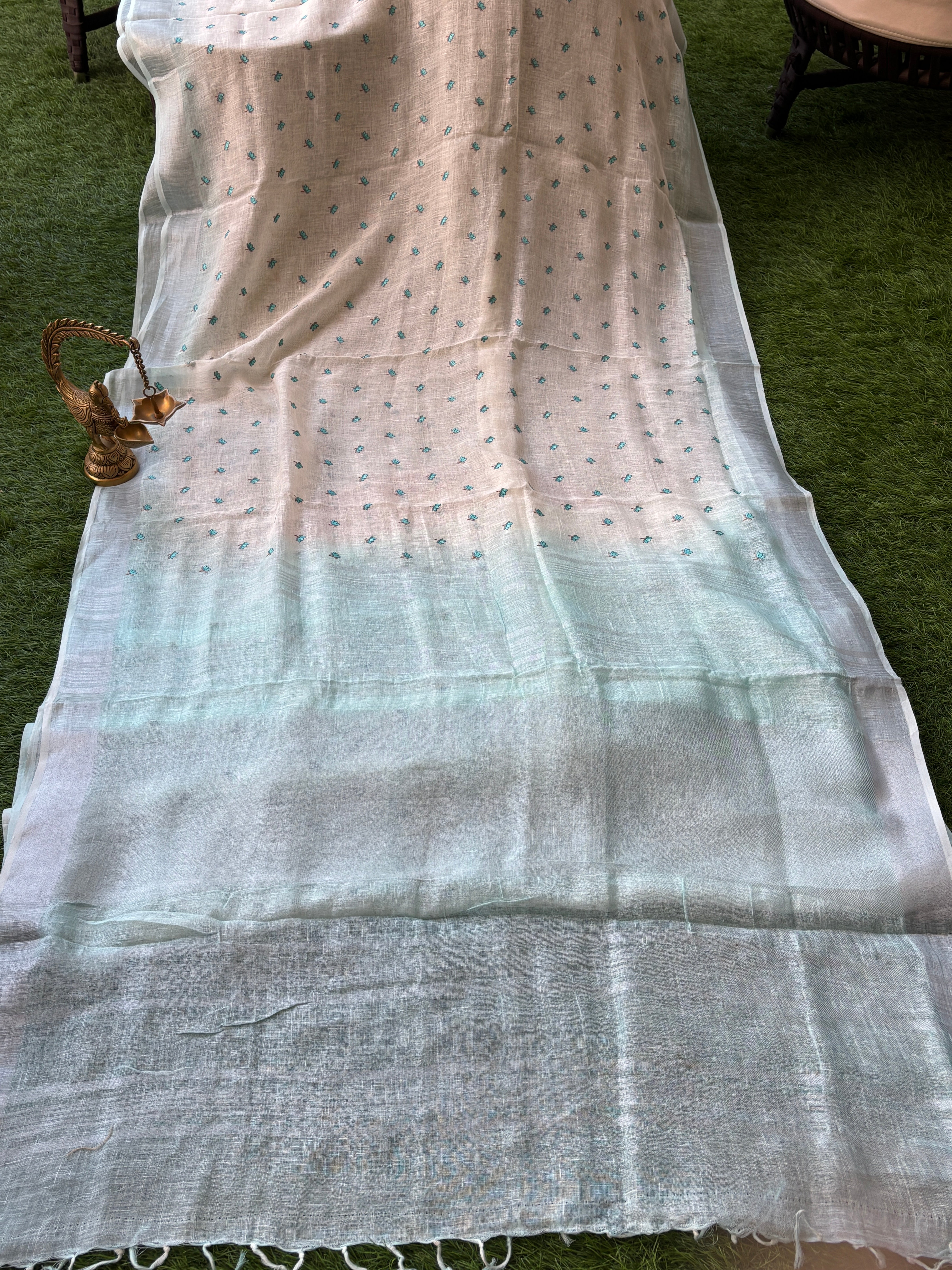 White & Blue Pure Linen Saree with Allover Embroidered Butti | Chandrika Lifestyles