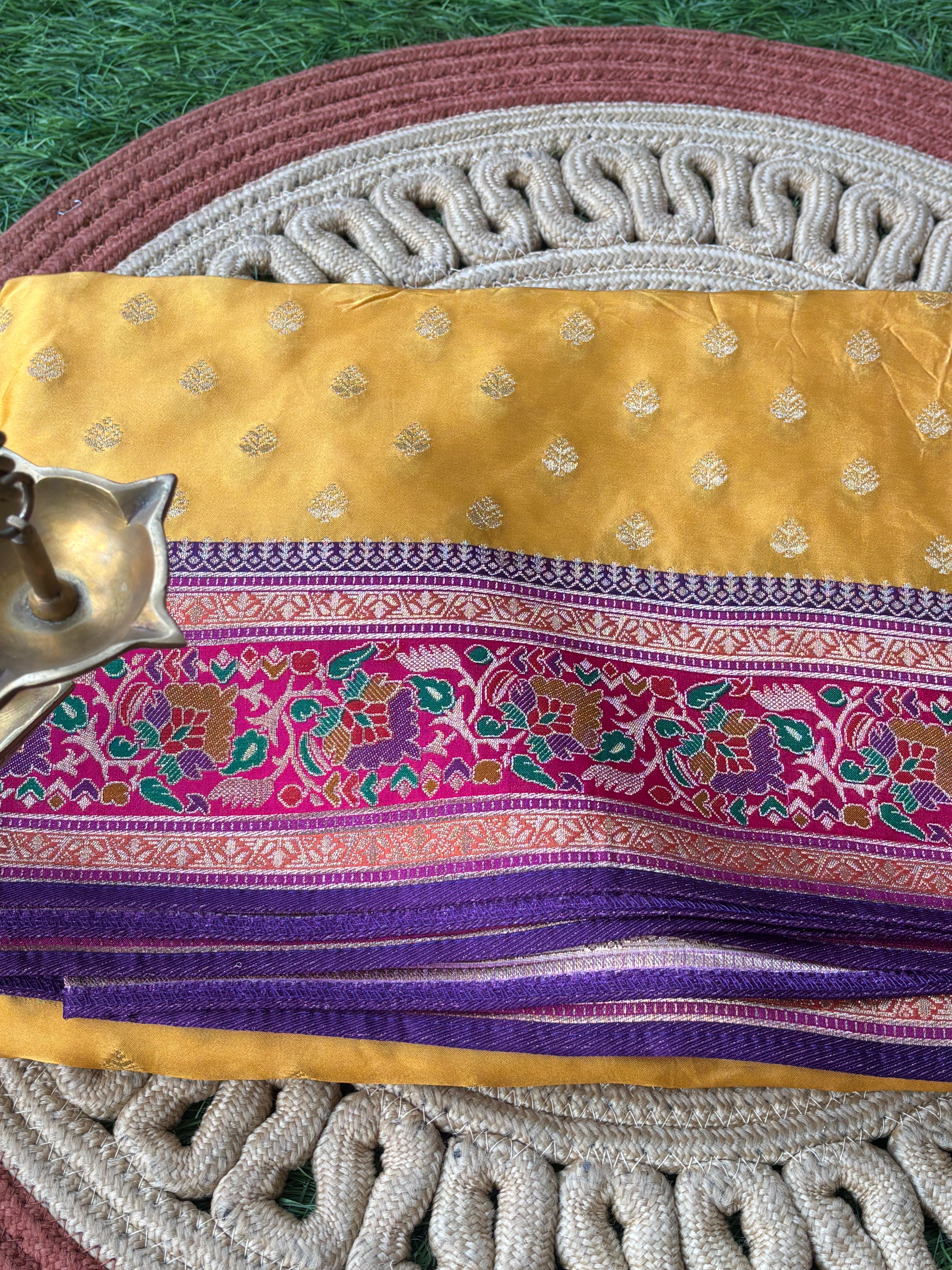 Pure Mashru Silk Banarasi saree in mango yellow and dark purple with gold zari weaving
