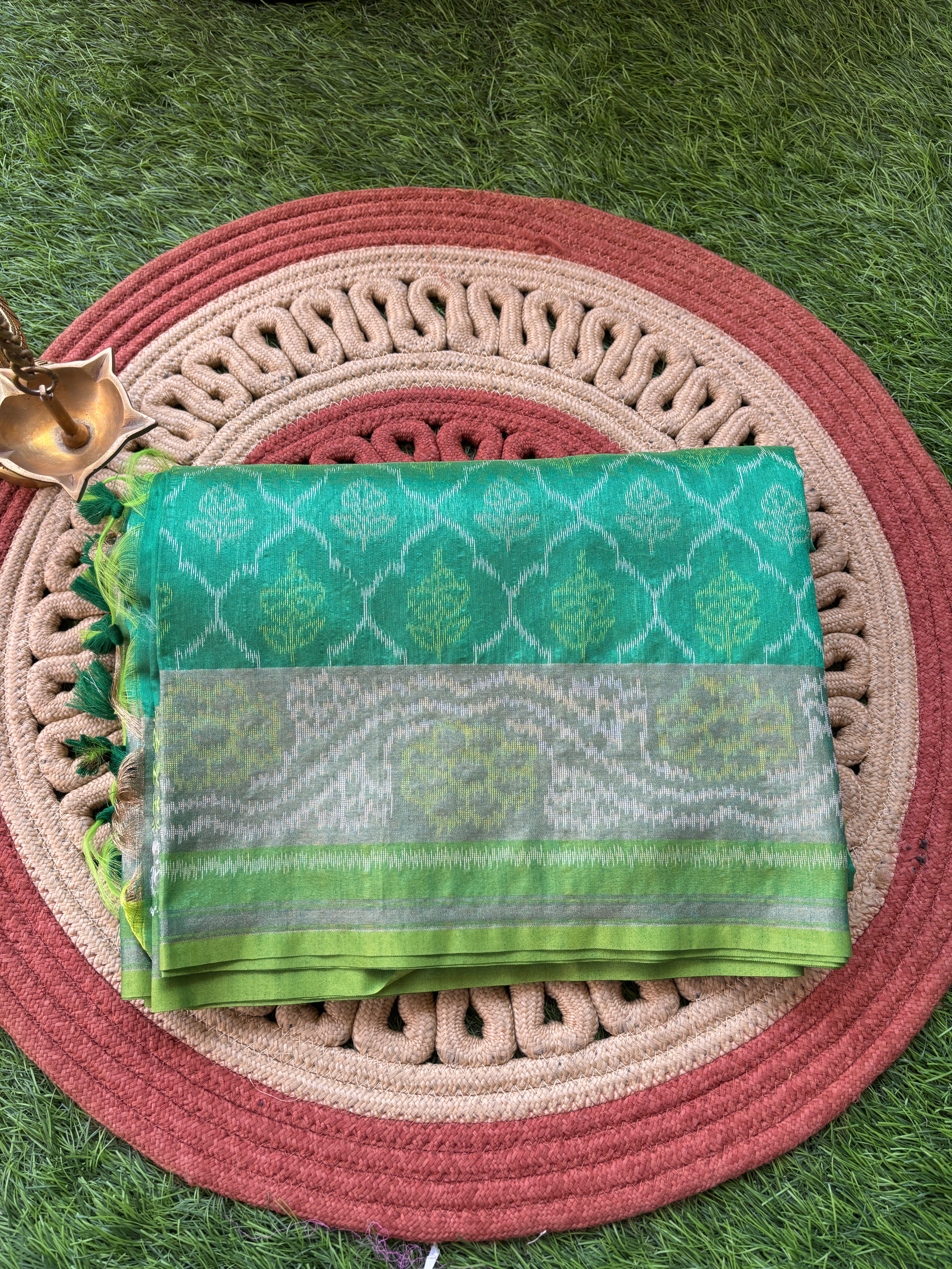 Green Art Tussar Silk Saree with Allover Ikat Print | Chandrika Lifestyles