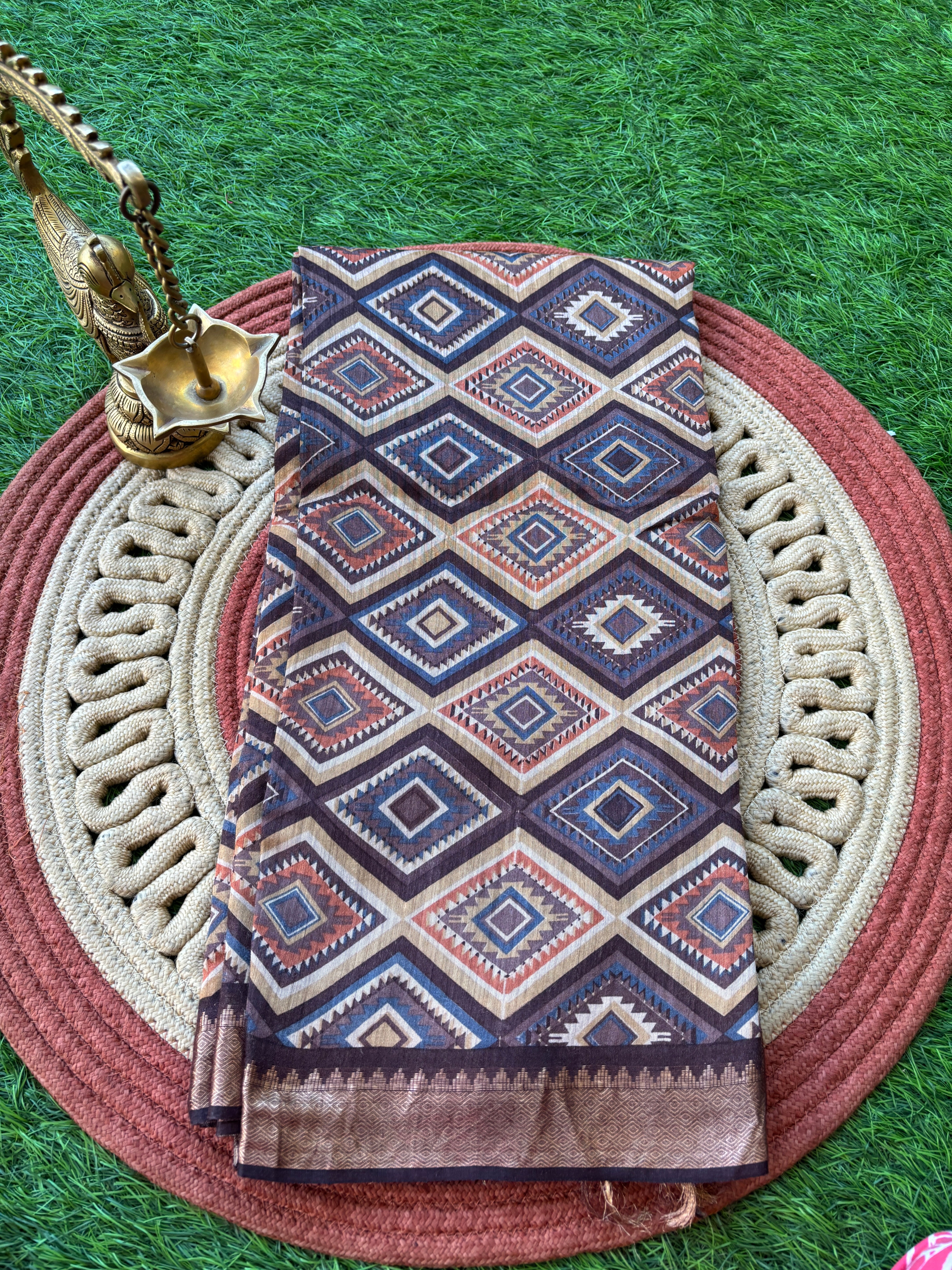 Brown Pure Tussar Silk Saree with Allover Geometric Print | Chandrika Lifestyles