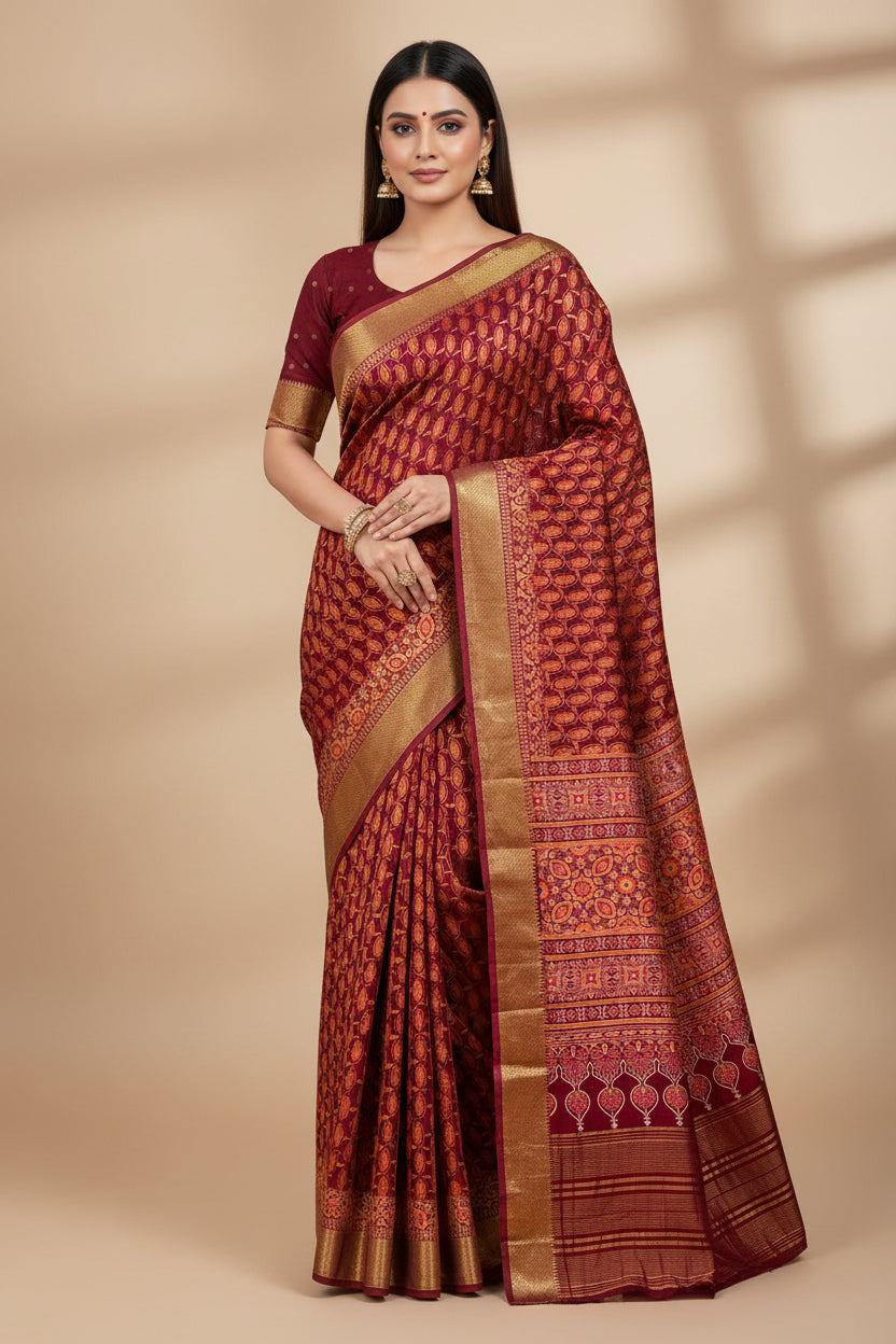 Maroon Ajrak Handblock Printed Cotton Saree with Zari Border | Chandrika Lifestyles