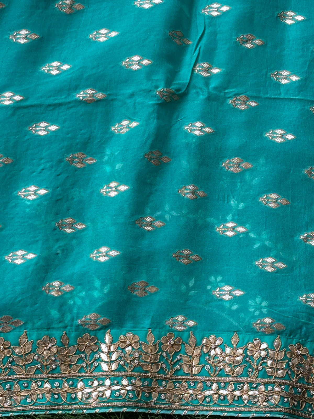 Royal Sea Green Pure Muga Silk Saree with Gota Patti Border & Buta Work (Blue Blouse)