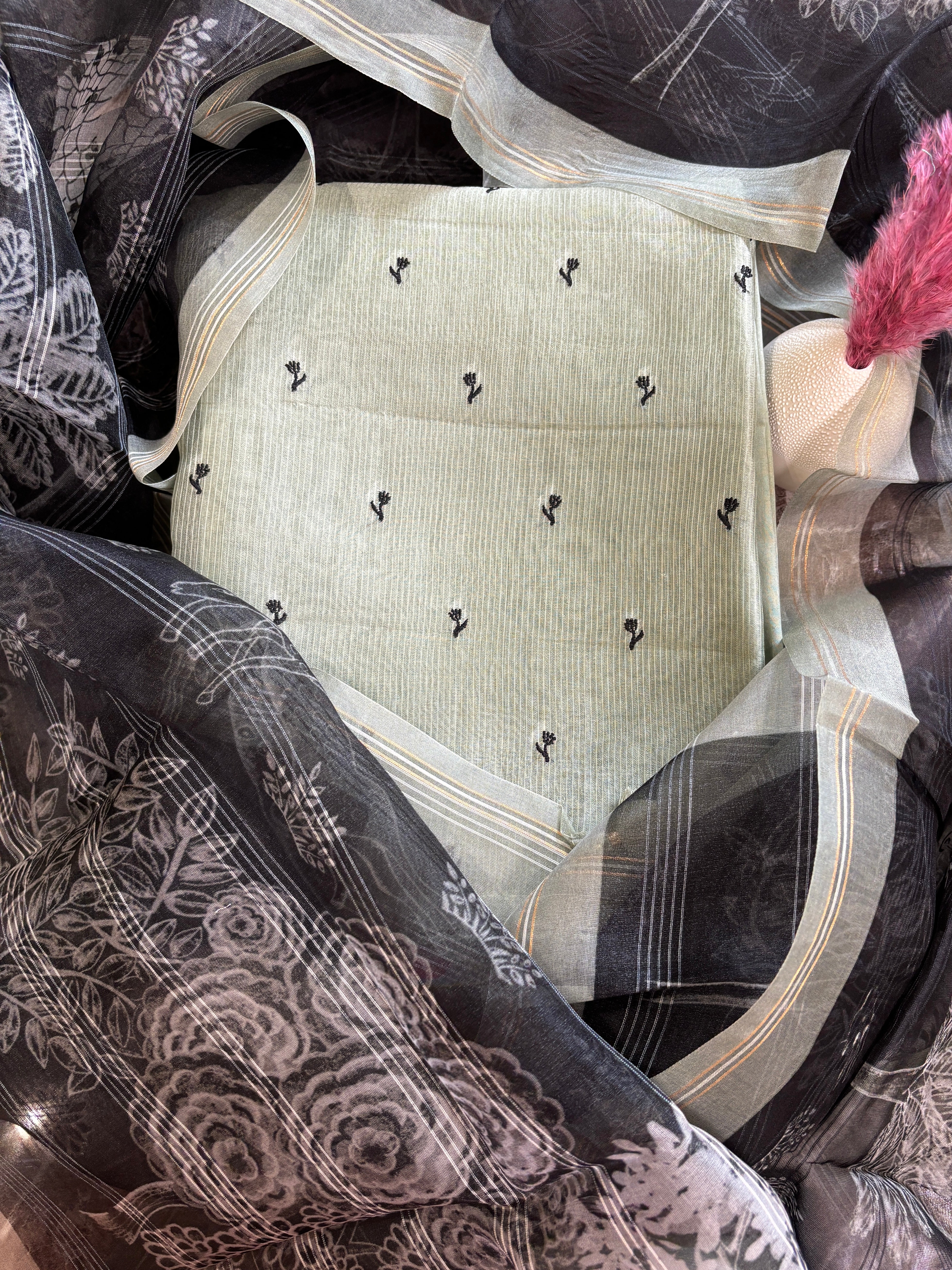 English Tone Organza Suit Material with Digital Floral Print & Black Contrast Dupatta – Smoky Rose Mist
