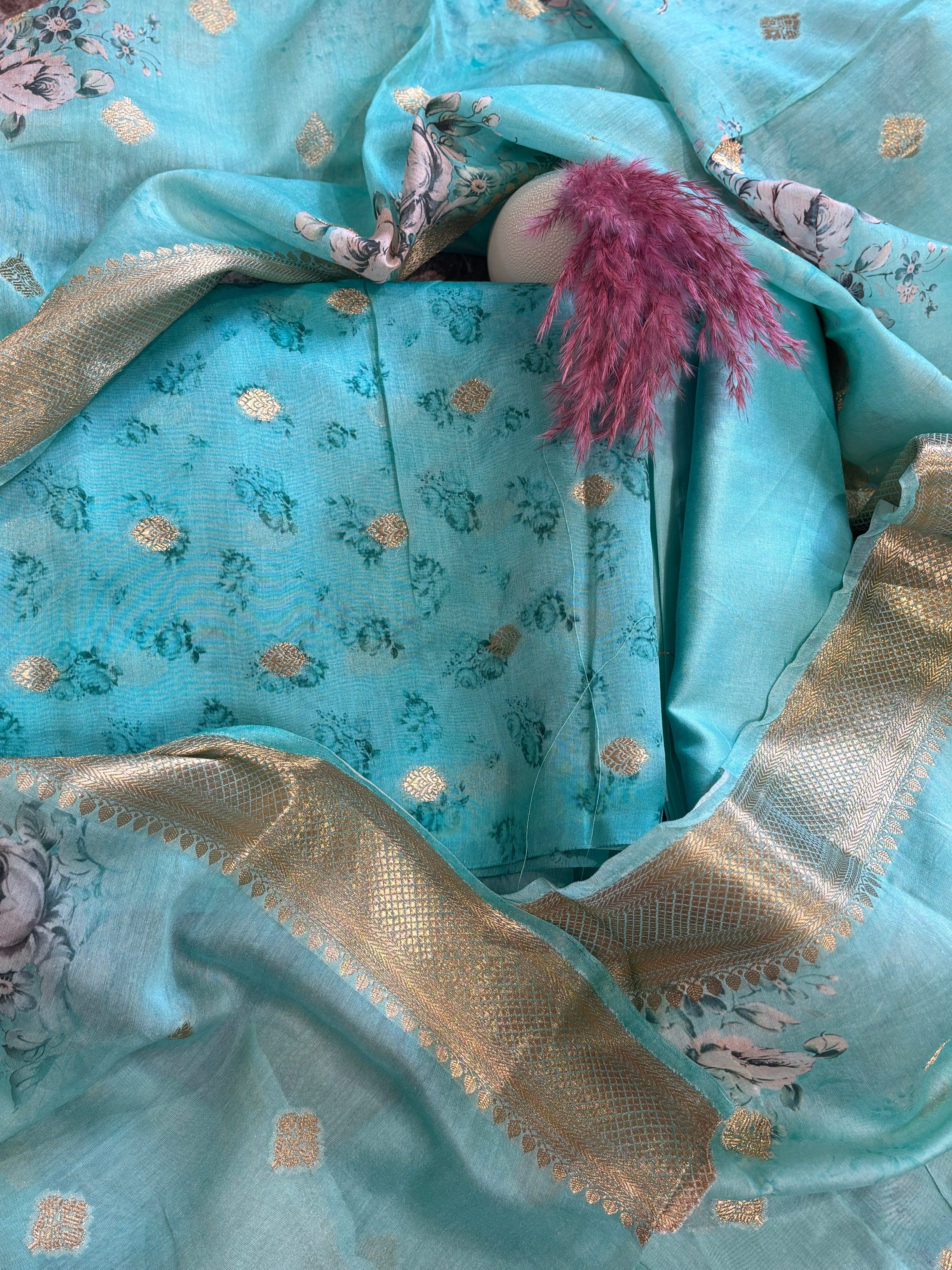 Sea Blue Banarasi Silk Suit Material with Floral Embroidery & Golden Border
