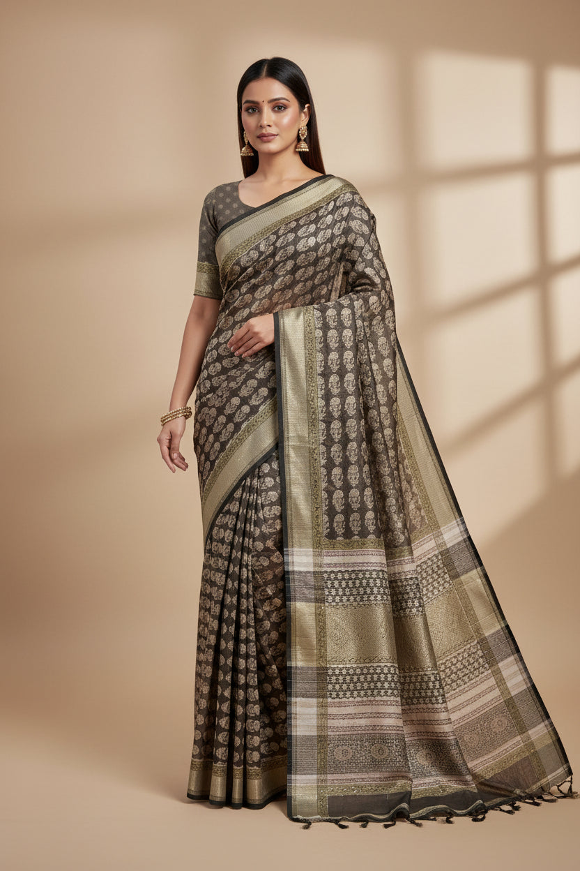 Mehndi Green Banarasi Mercerised Cotton Saree with Kantha Work