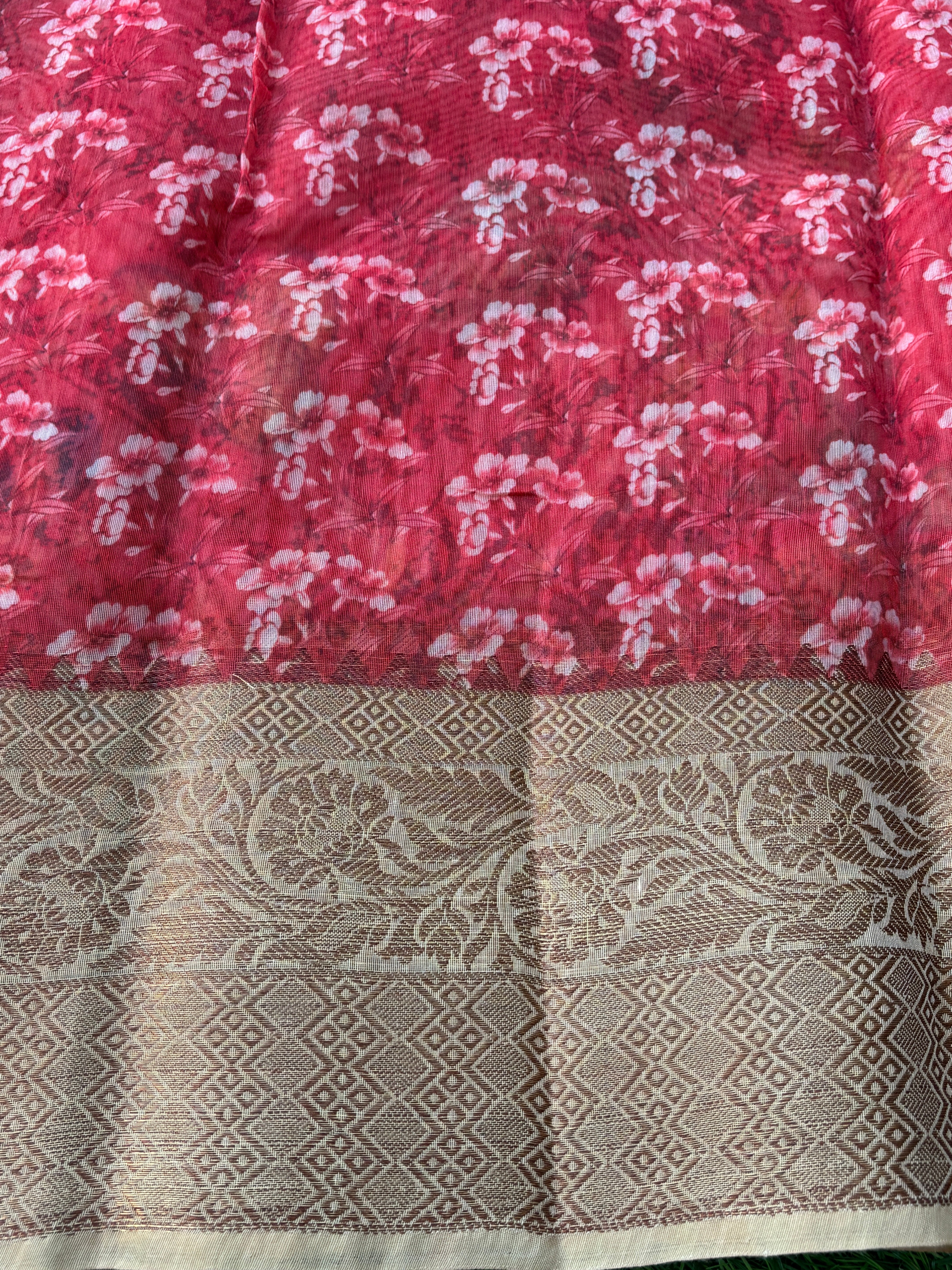 Chandrika Lifestyles | Red Banarasi Mercerized Cotton Saree – Digital Print with Antra Border