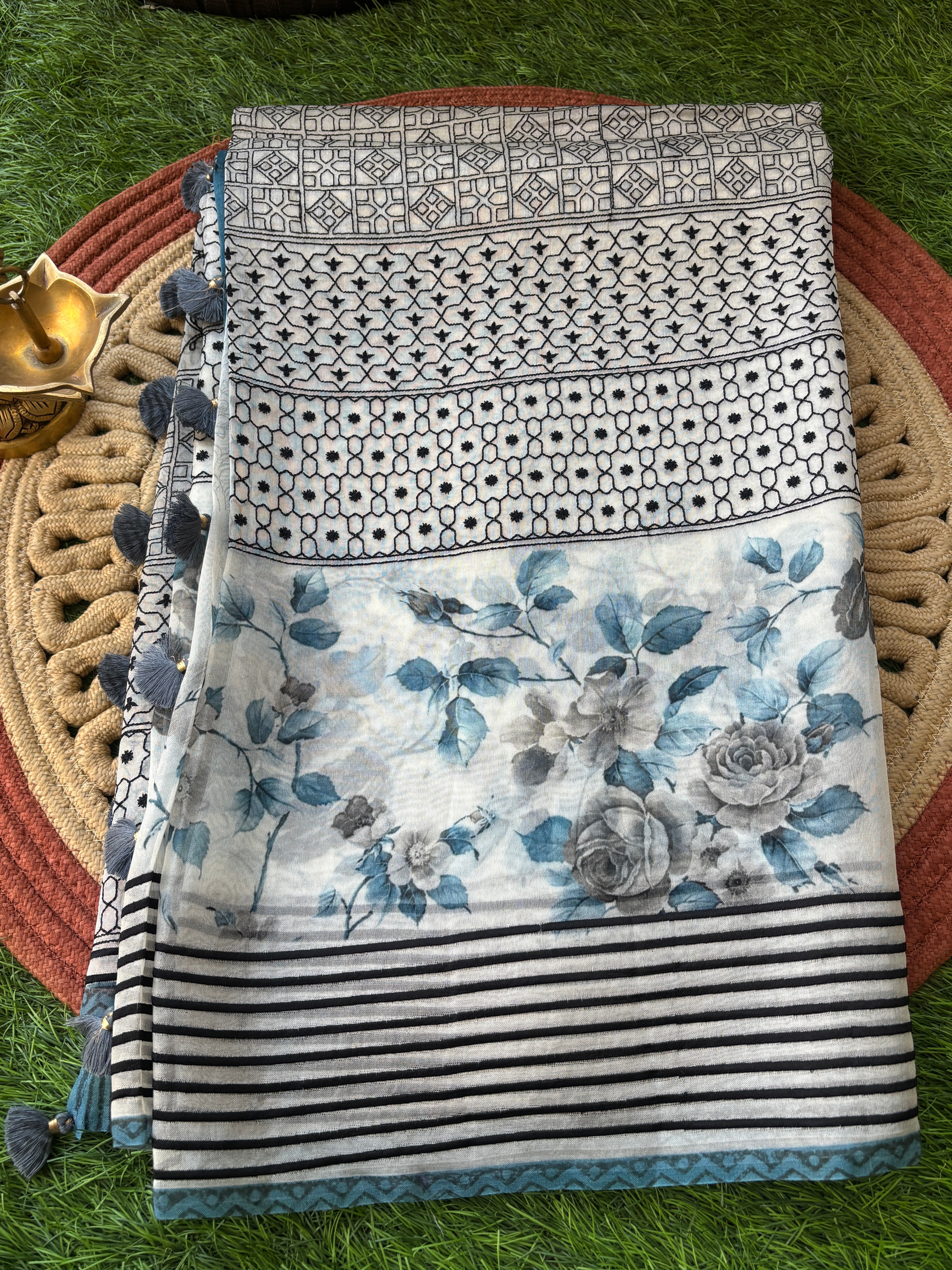 Off White Pure Organza Saree with All-Over Digital Print & Black Thread Work