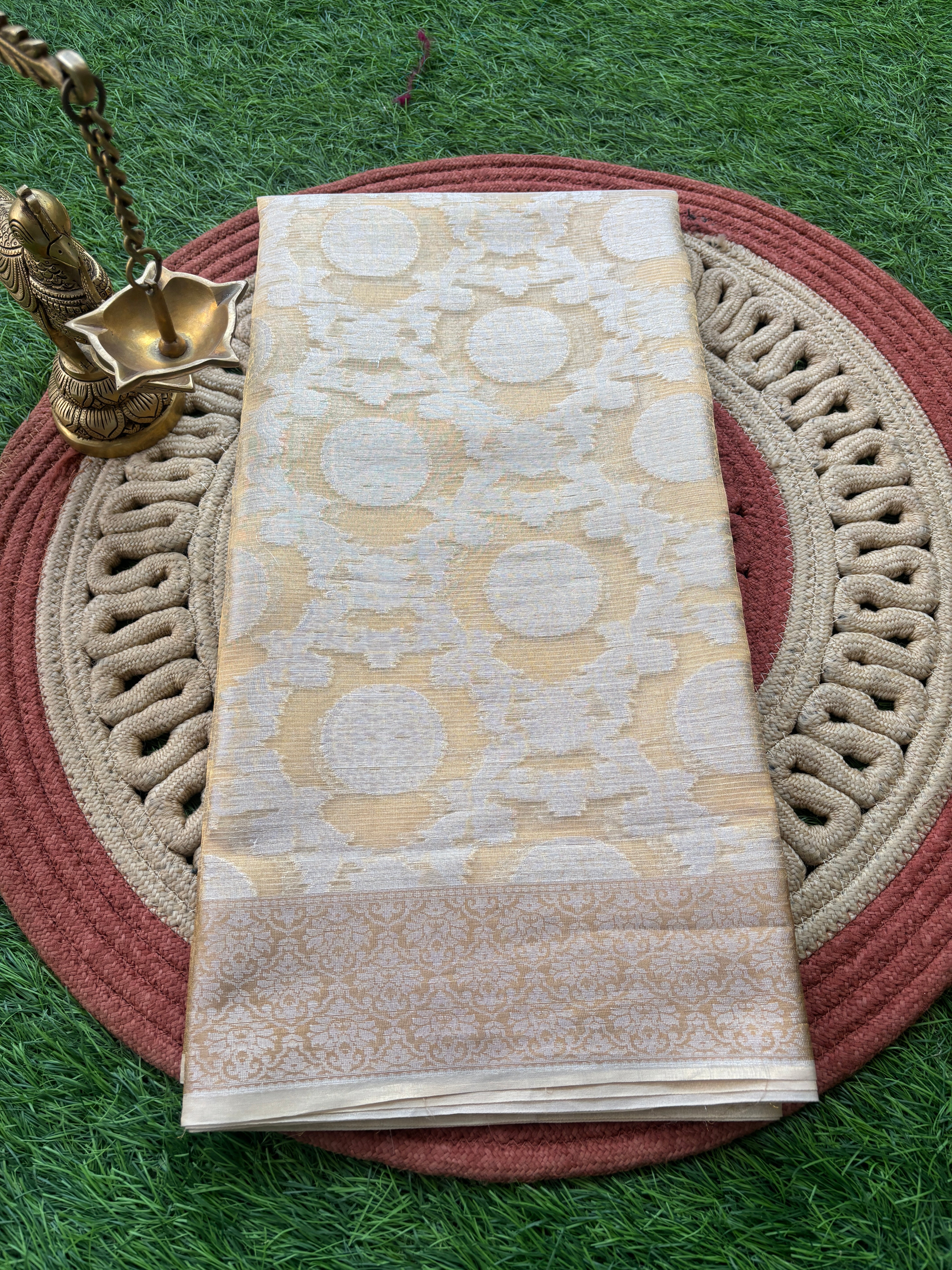 Beige Pure Banarasi Cotton Saree with Allover Jaal Silver Zari Work | Chandrika Lifestyles