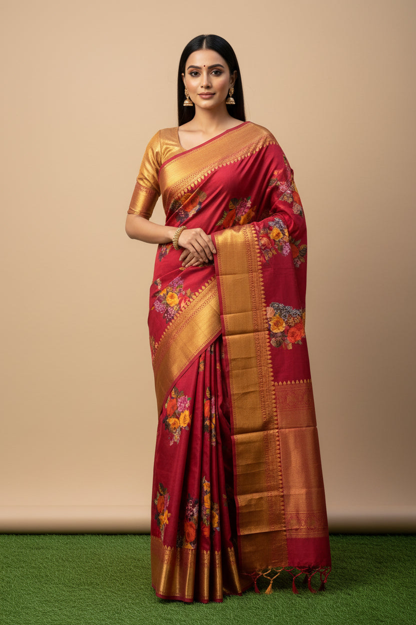 Maroon Red Pure Silk Digital Floral Printed Saree with Dharmavaram Woven Zari Border and Pallu