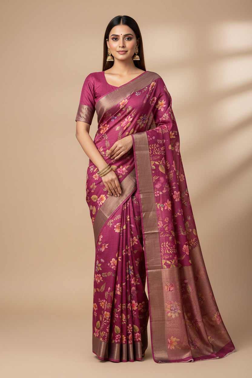 Magenta Pure Tussar Silk Saree with Allover Digital Print | Chandrika Lifestyles