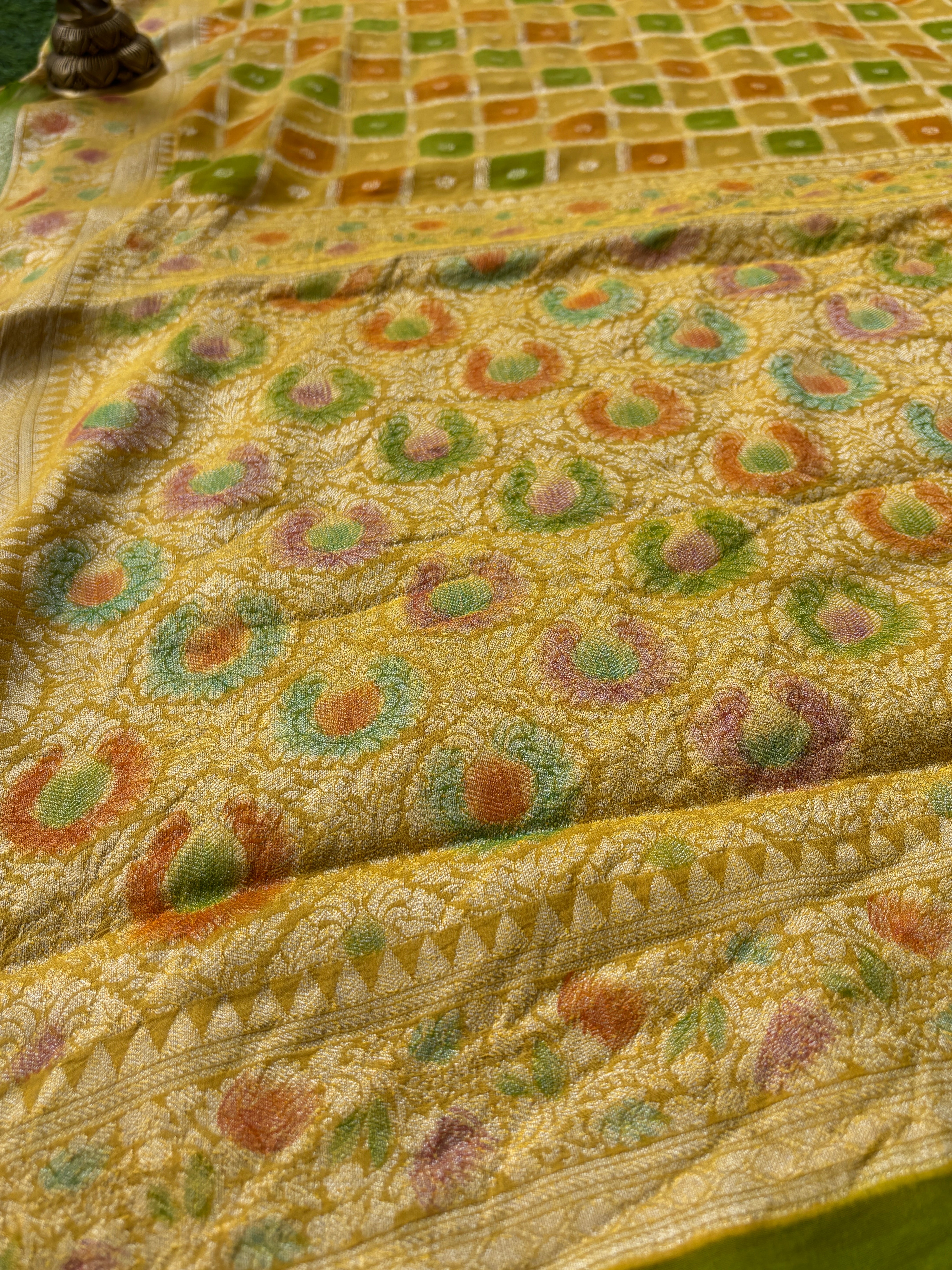 Lemon Yellow Khaddi Georgette Banarasi Saree with Allover Gharchola Design | Chandrika Lifestyles