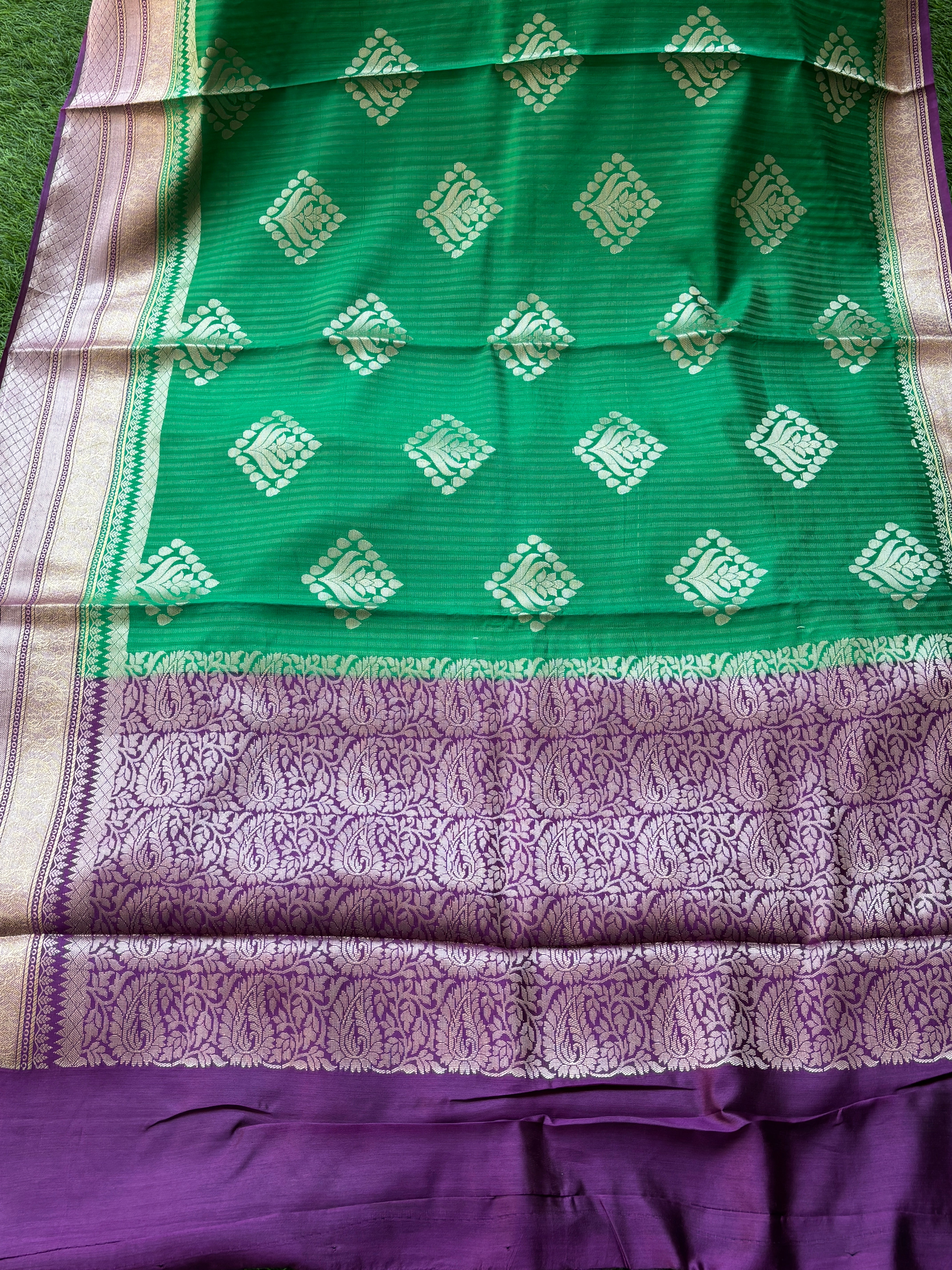 Green Pure Dupion Silk Banarasi Saree with Purple Border | Chandrika Lifestyles