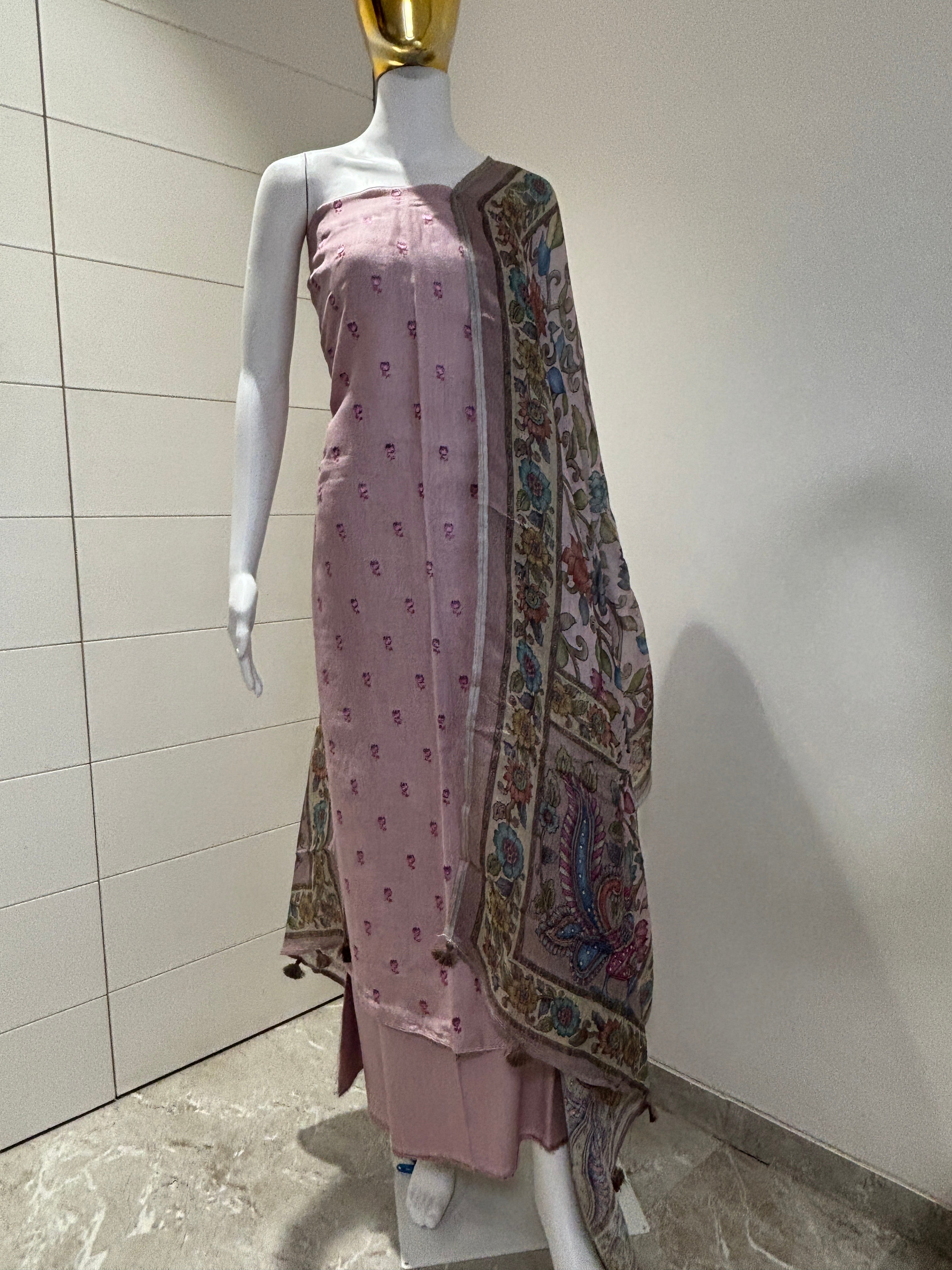 Pure Linen Onion Pink Suit Material with Lotus Thread Embroidery & Digital Printed Dupatta