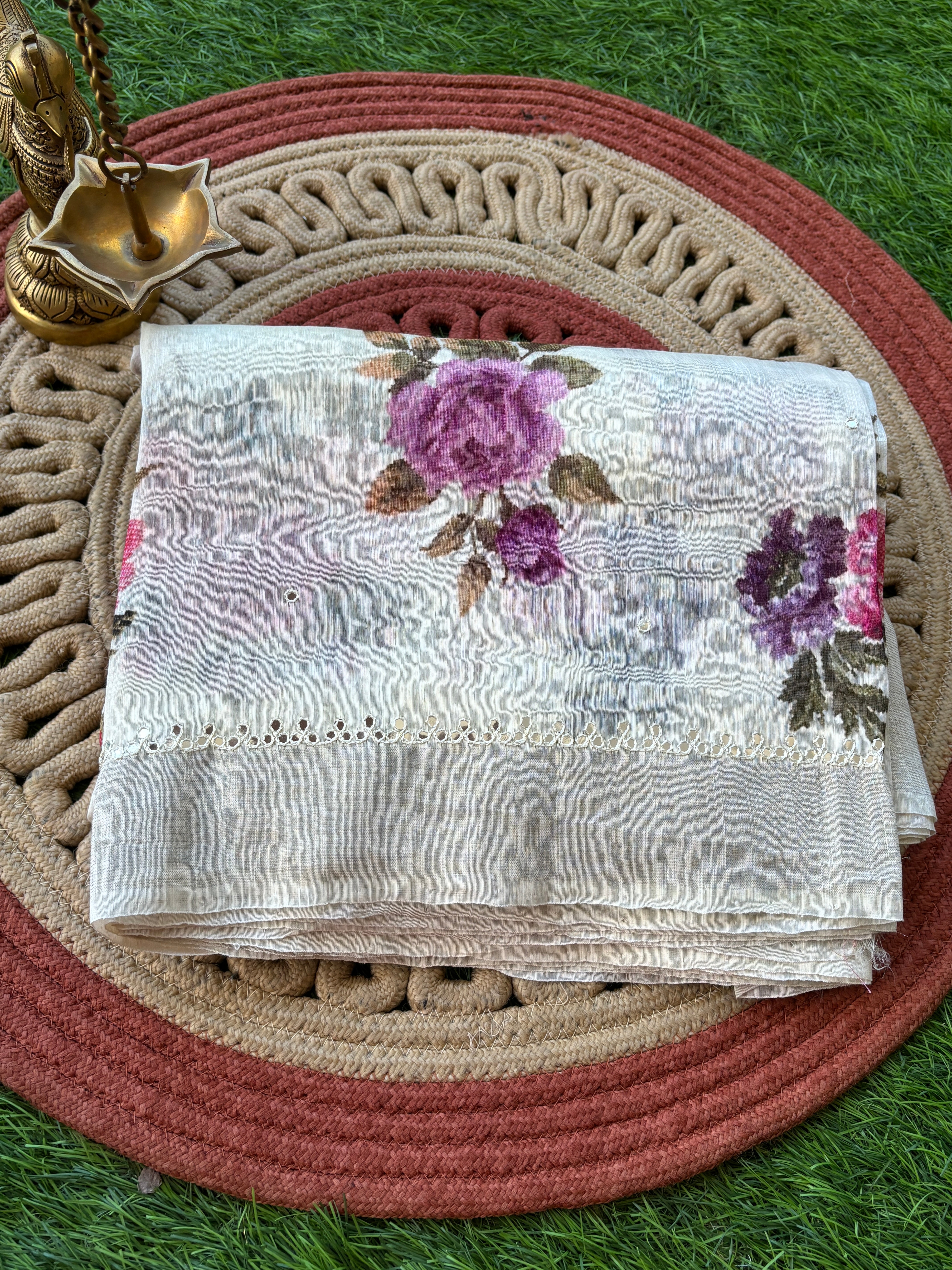 Off-White Pure Linen Saree with Allover Floral Digital Print | Chandrika Lifestyles