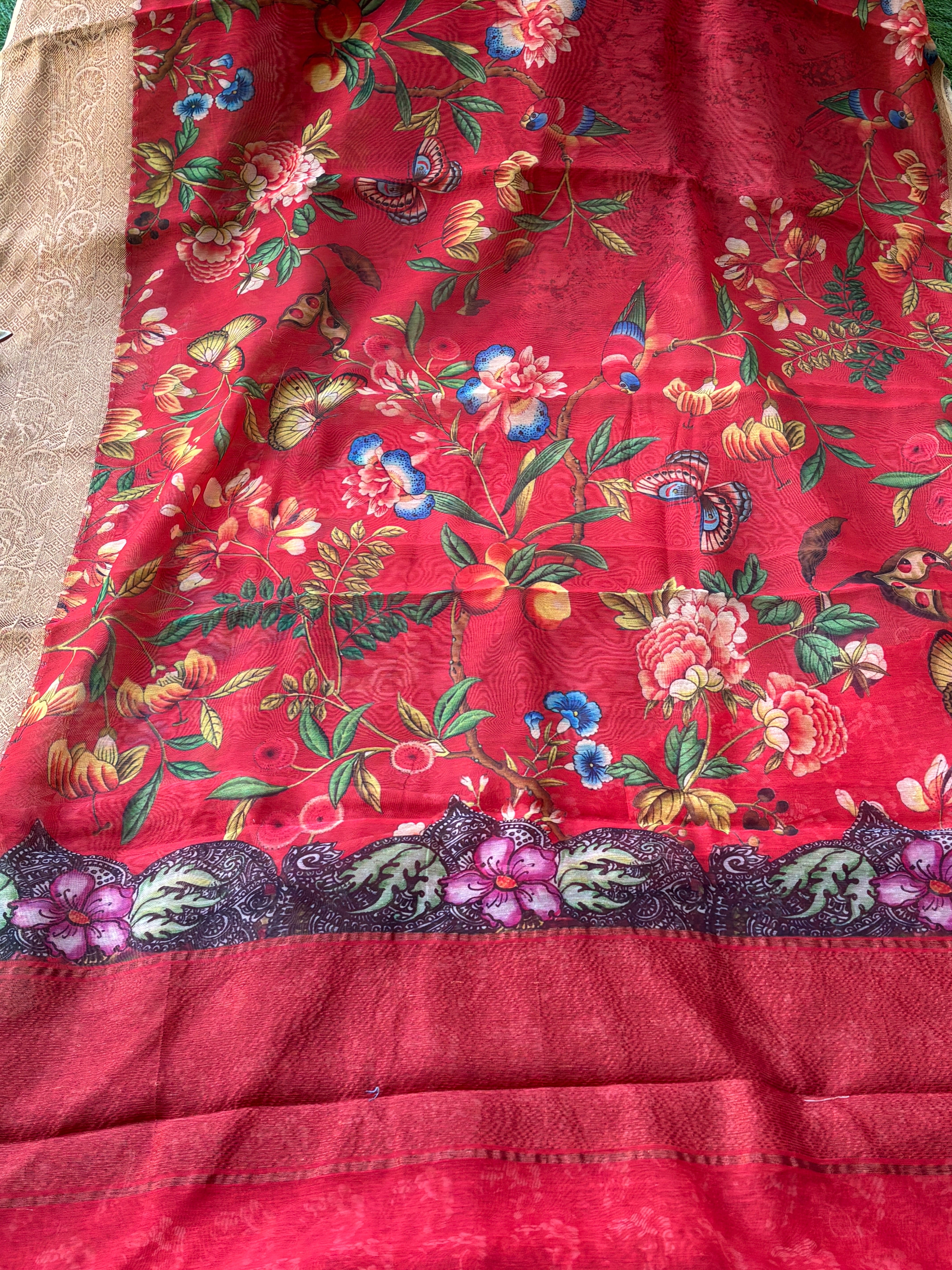Chandrika Lifestyles | Red Banarasi Mercerized Cotton Saree – Digital Print with Antra Border