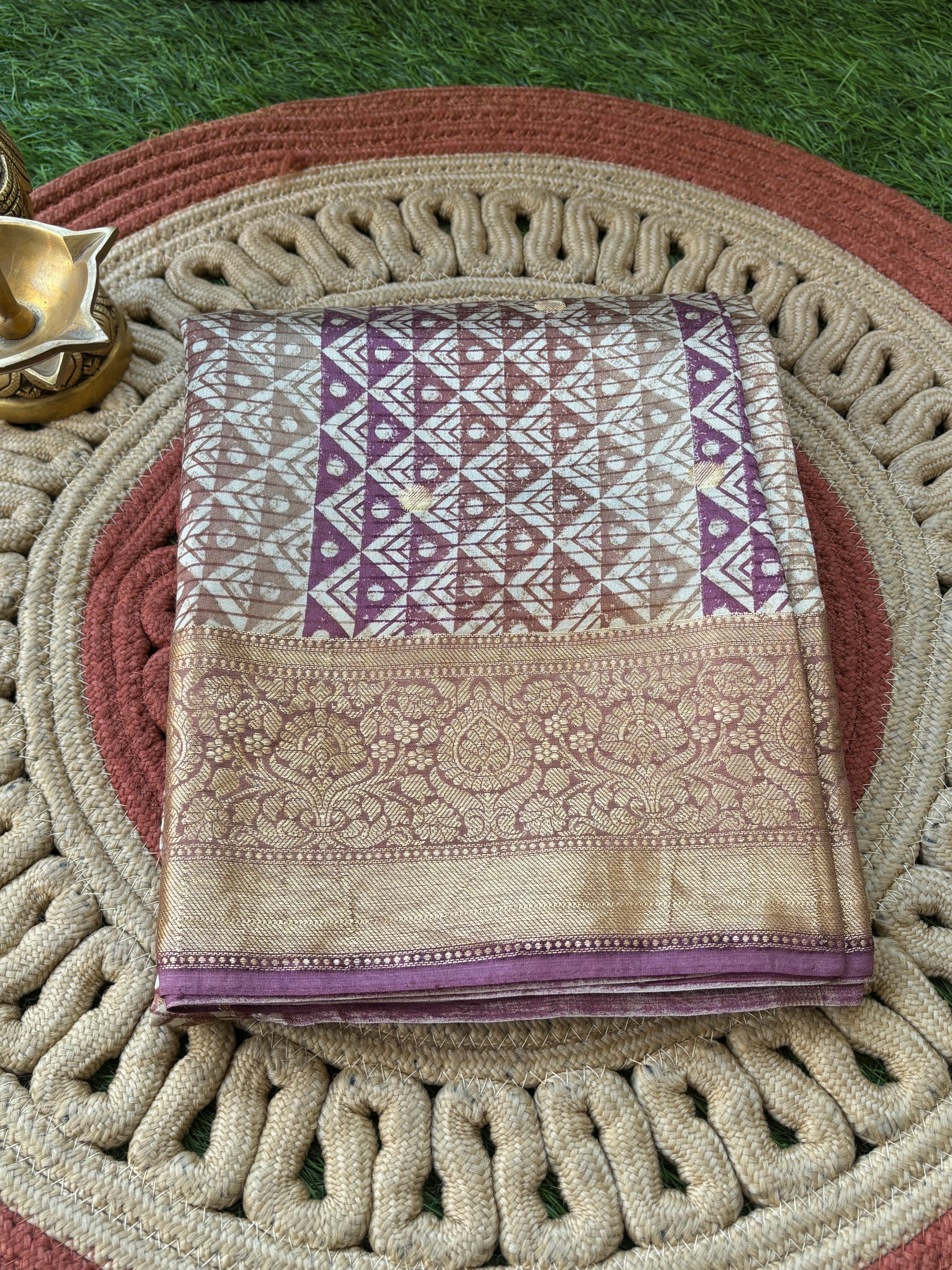 Purple Pink & Beige Pure Munga Silk Saree with Geometric Print and Zari Booties
