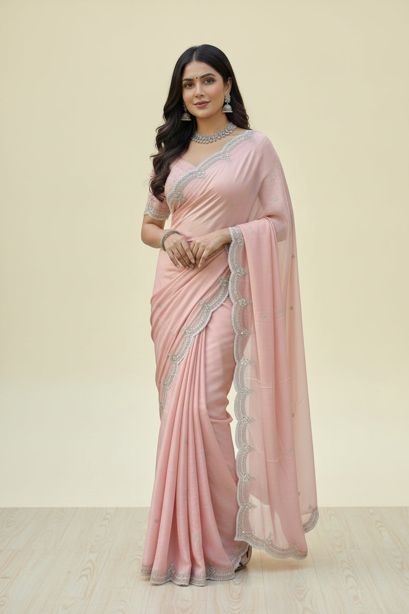 Elegant Peach Pink Pure Crepe Silk Saree with Designer Scallop Border