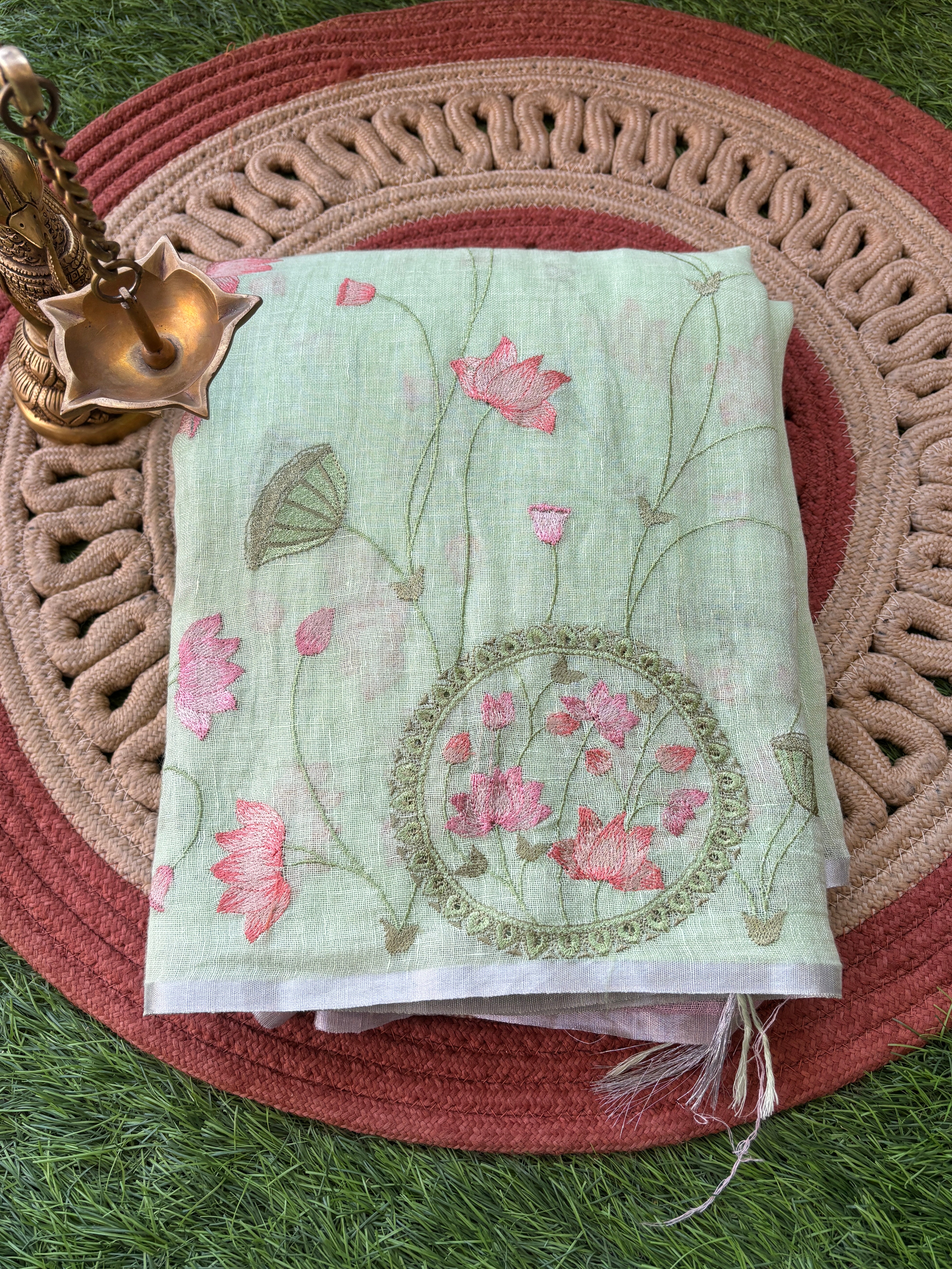 Pista Green Pure Linen Saree with Embroidery and Pink Contrast Blouse