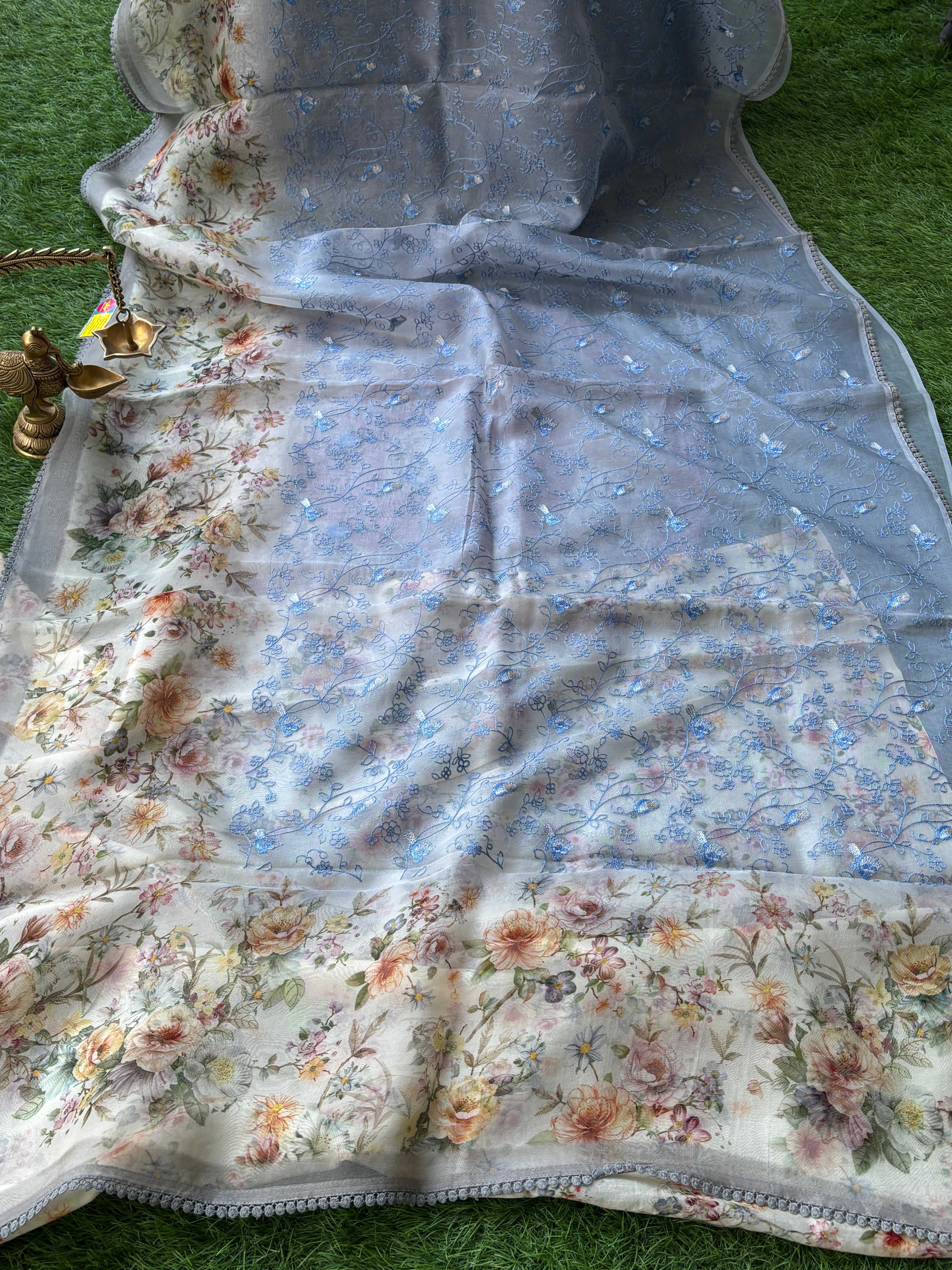 White & Sky Blue Pure Organza Saree with Thread Embroidery & Digital Print