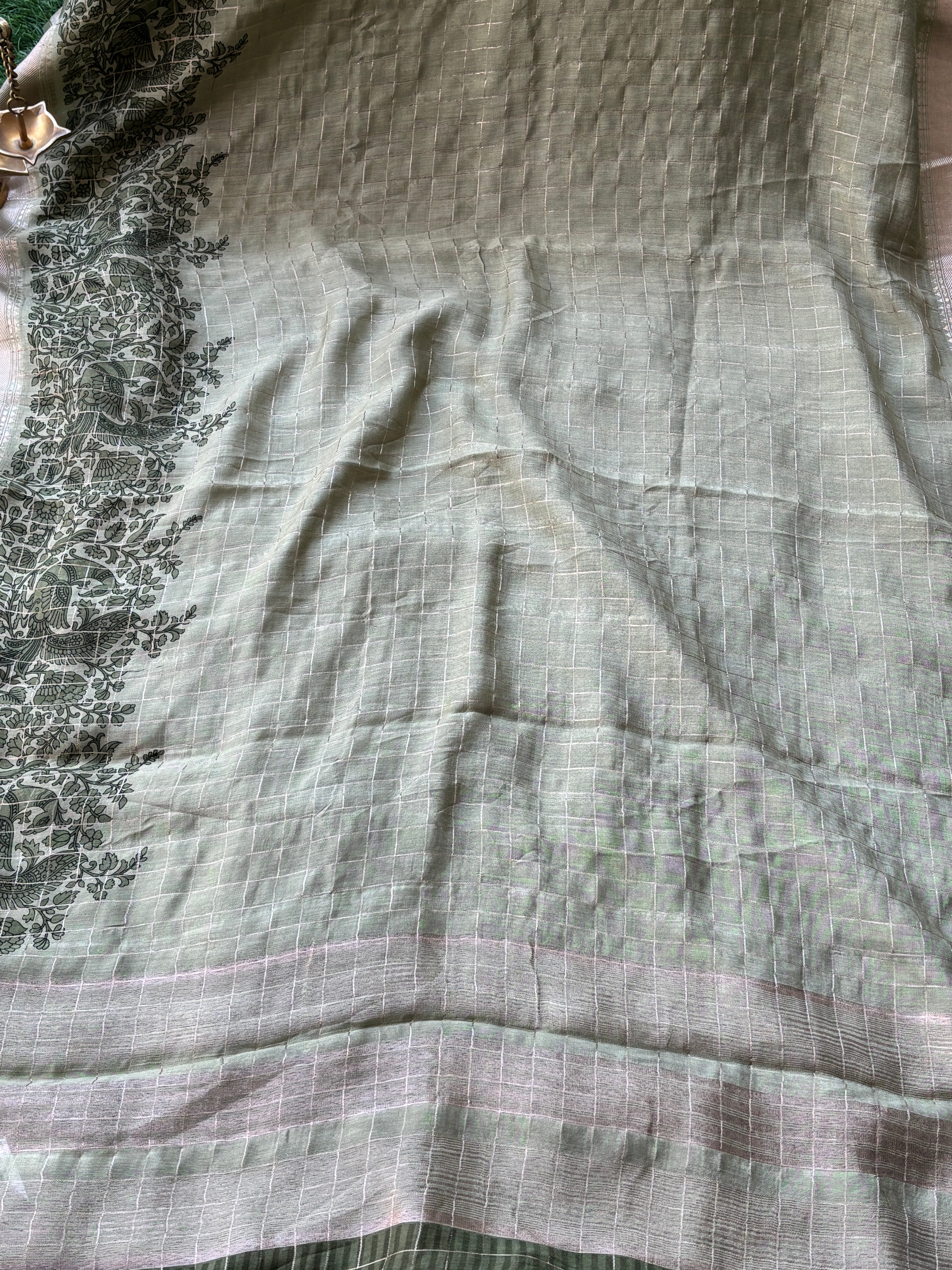 Pastel Pista Banarasi Georgette Saree with Zari Checks and Zari Woven Border