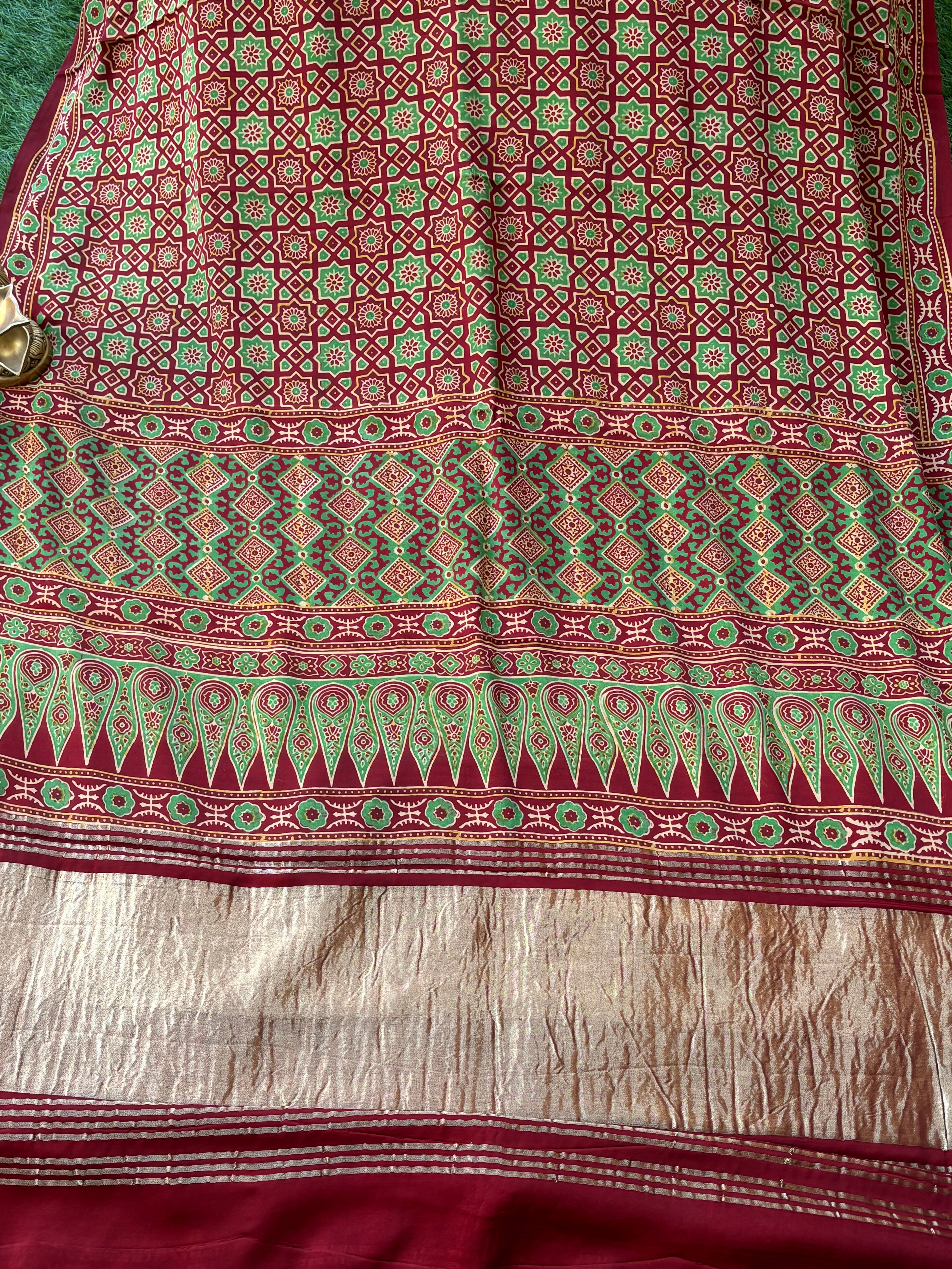 Maroon saree Pure Modal Silk Ajrak Hand Block Printed Saree with Lugdi Patta in Red & yellow
