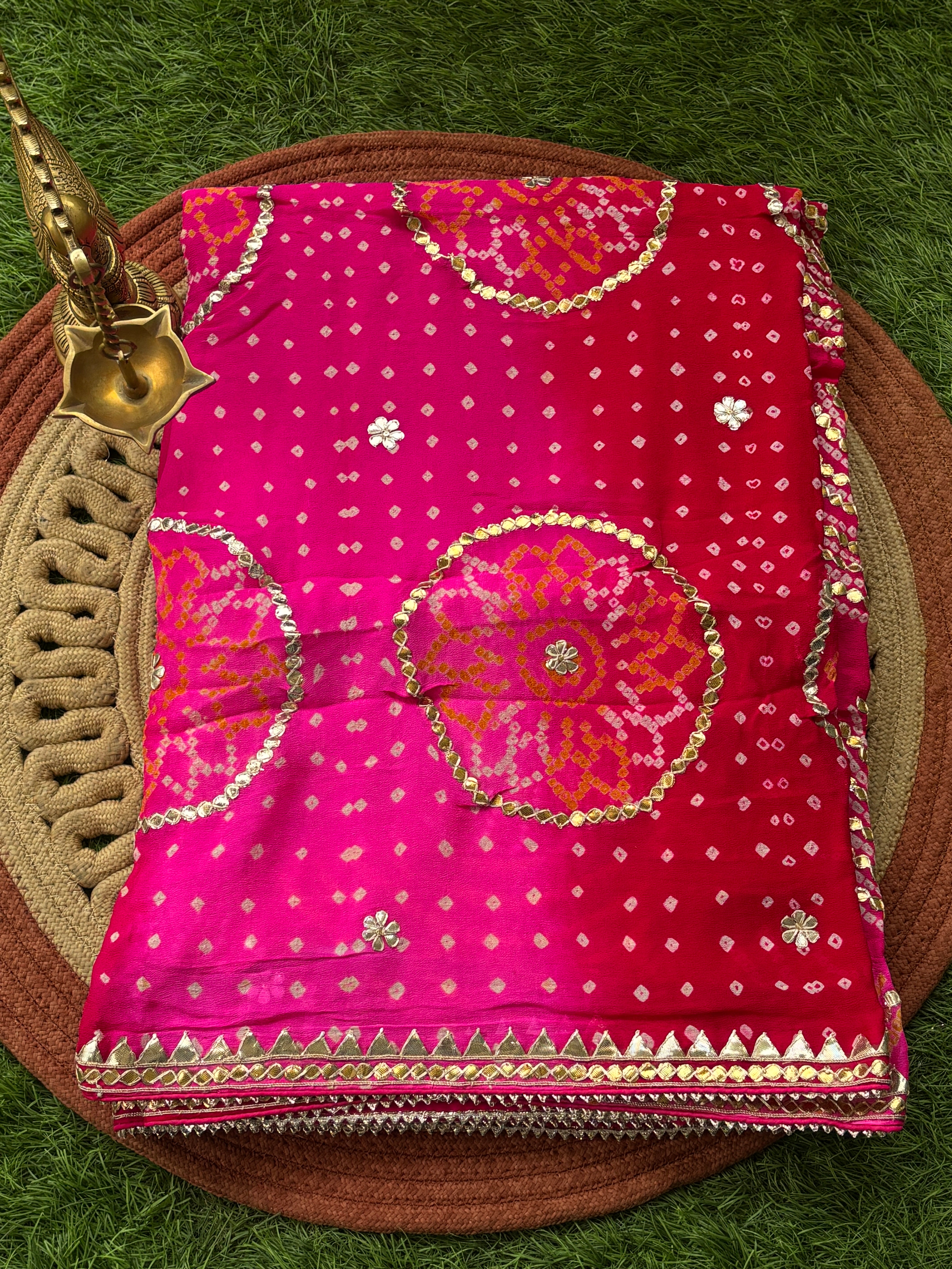 Red Pink Pure Chiffon Bandhej Saree with Boota Patti Border | Chandrika Lifestyles