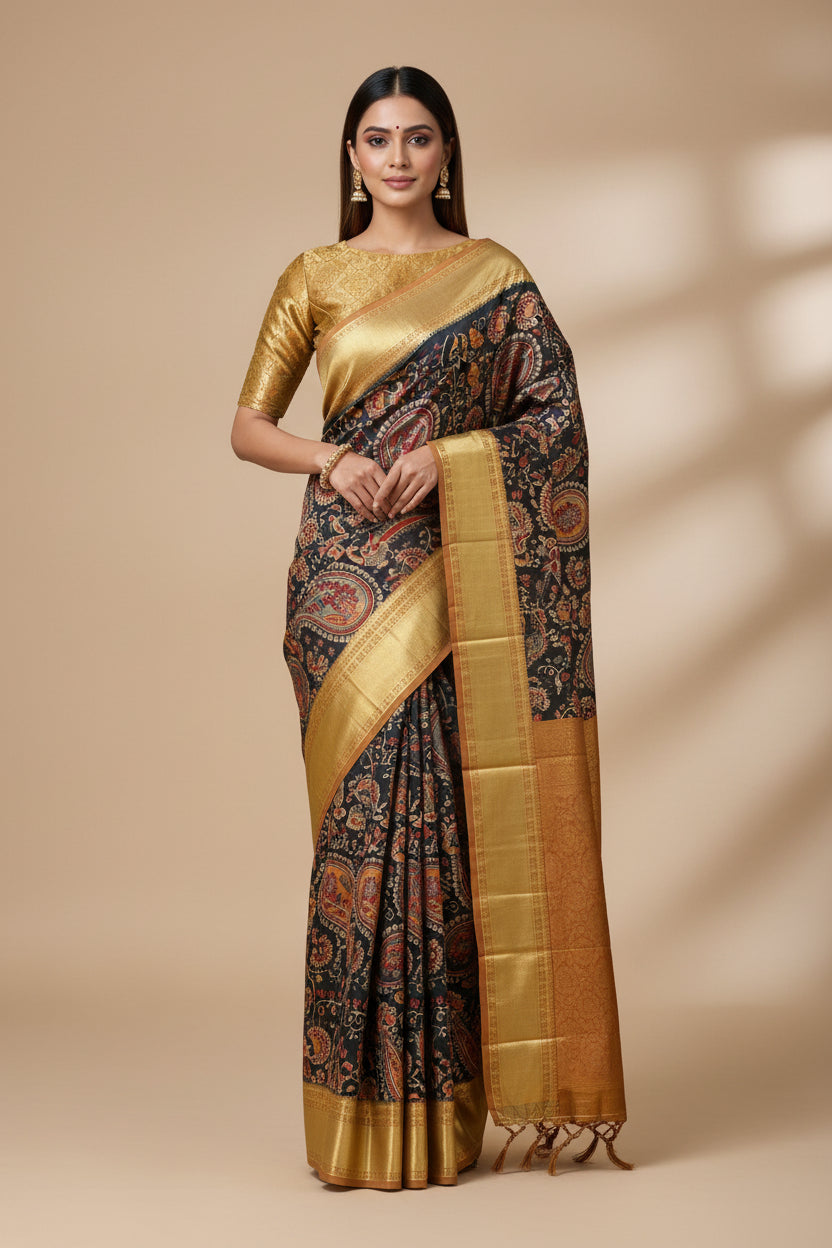 Dark Navy Blue Pure Silk Digital Floral Saree with Broad Dharmavaram Zari Border