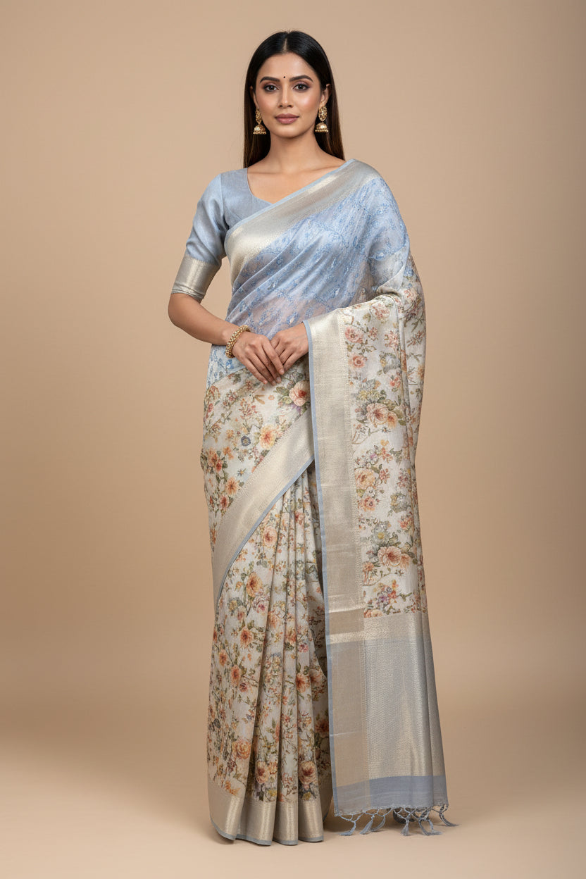 White & Sky Blue Pure Organza Saree with Thread Embroidery & Digital Print