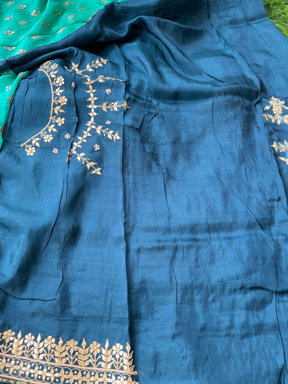 Royal Sea Green Pure Muga Silk Saree with Gota Patti Border & Buta Work (Blue Blouse)