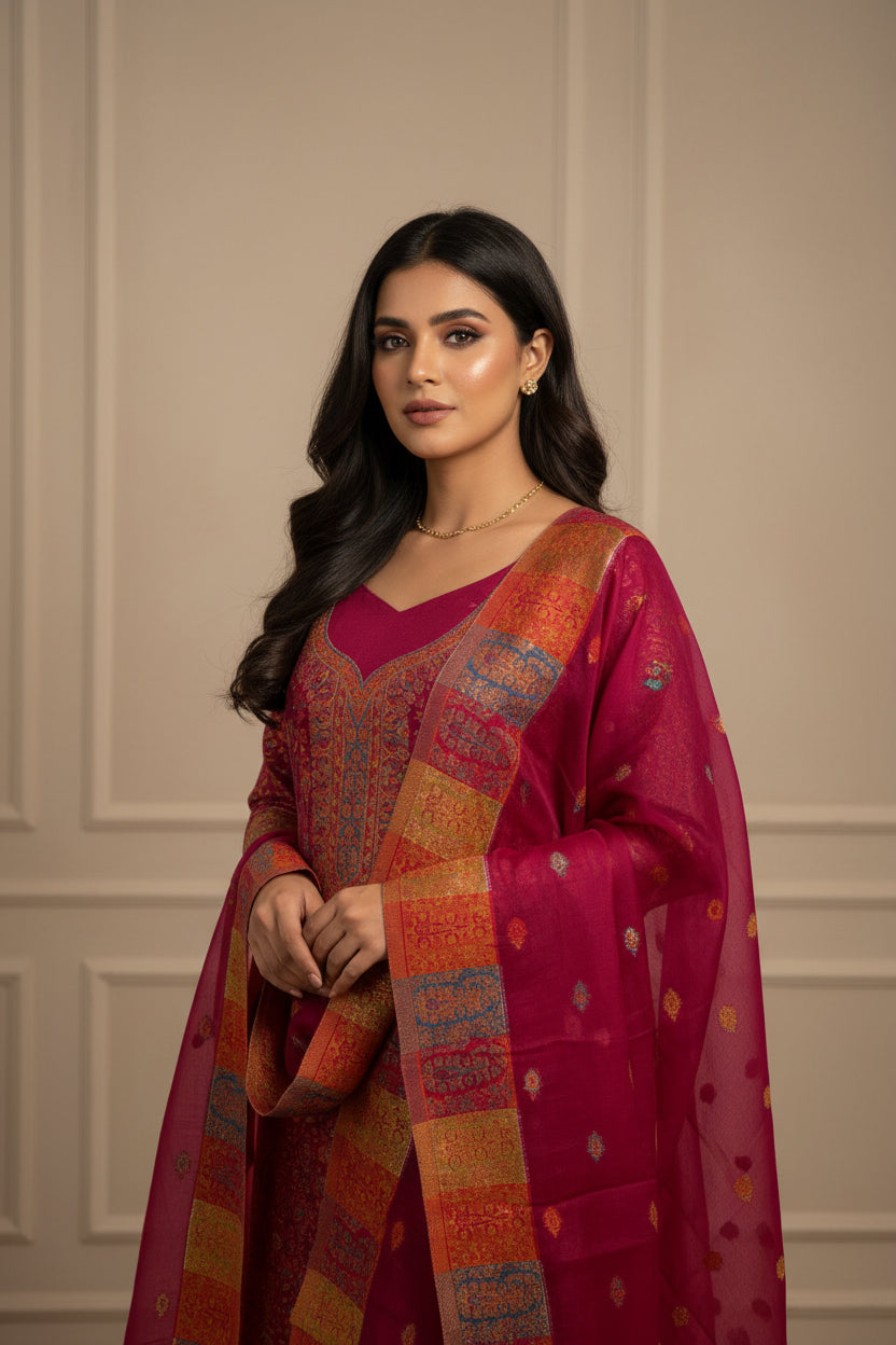 Pure kani Silk Royal Pink Banarasi Suit Material with All Over Meenakari & Meenakari Woven Dupatta