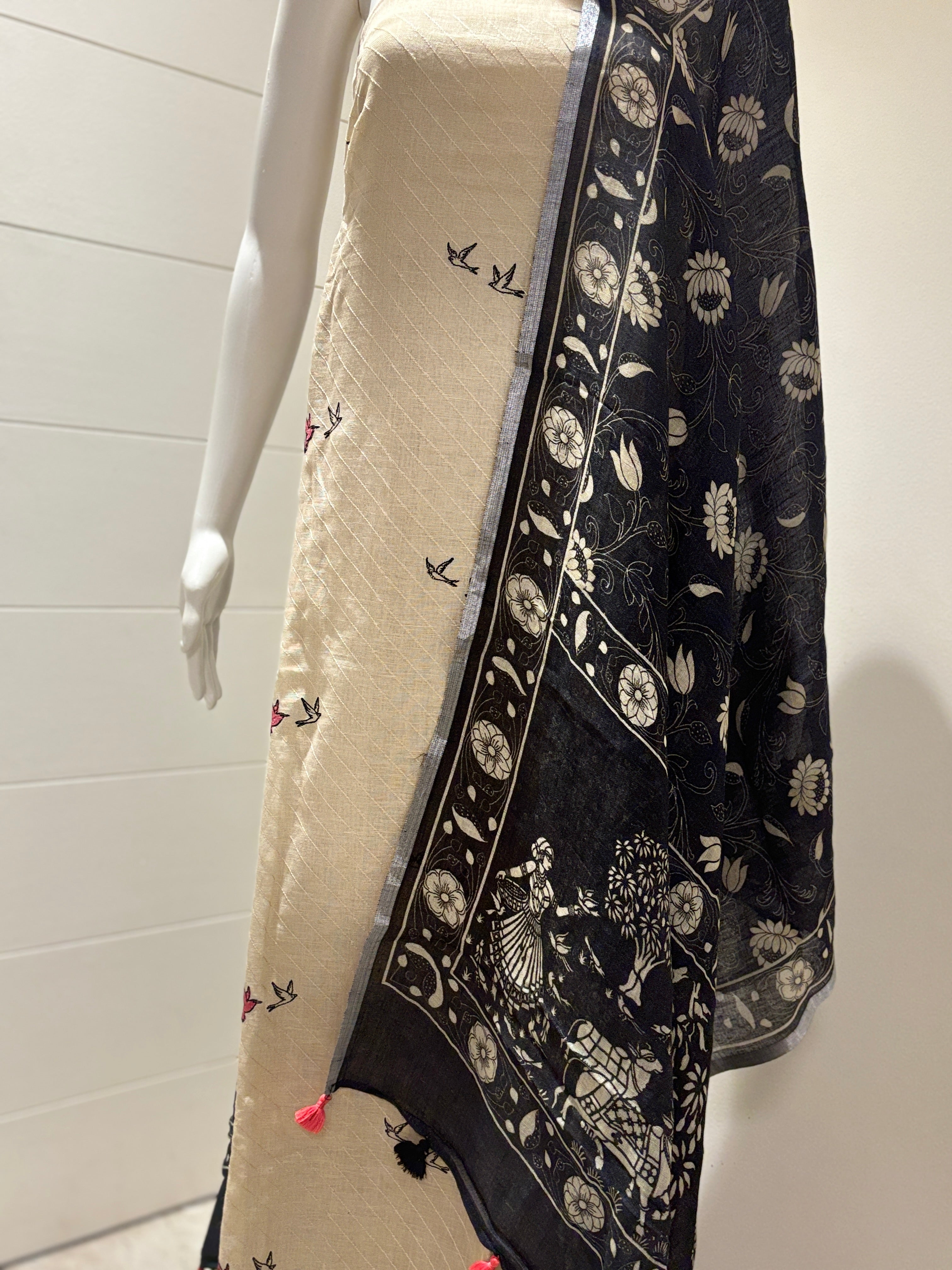 Chandrika Lifestyles | Pure Linen Suit Material – Beige with Black Floral Dupatta
