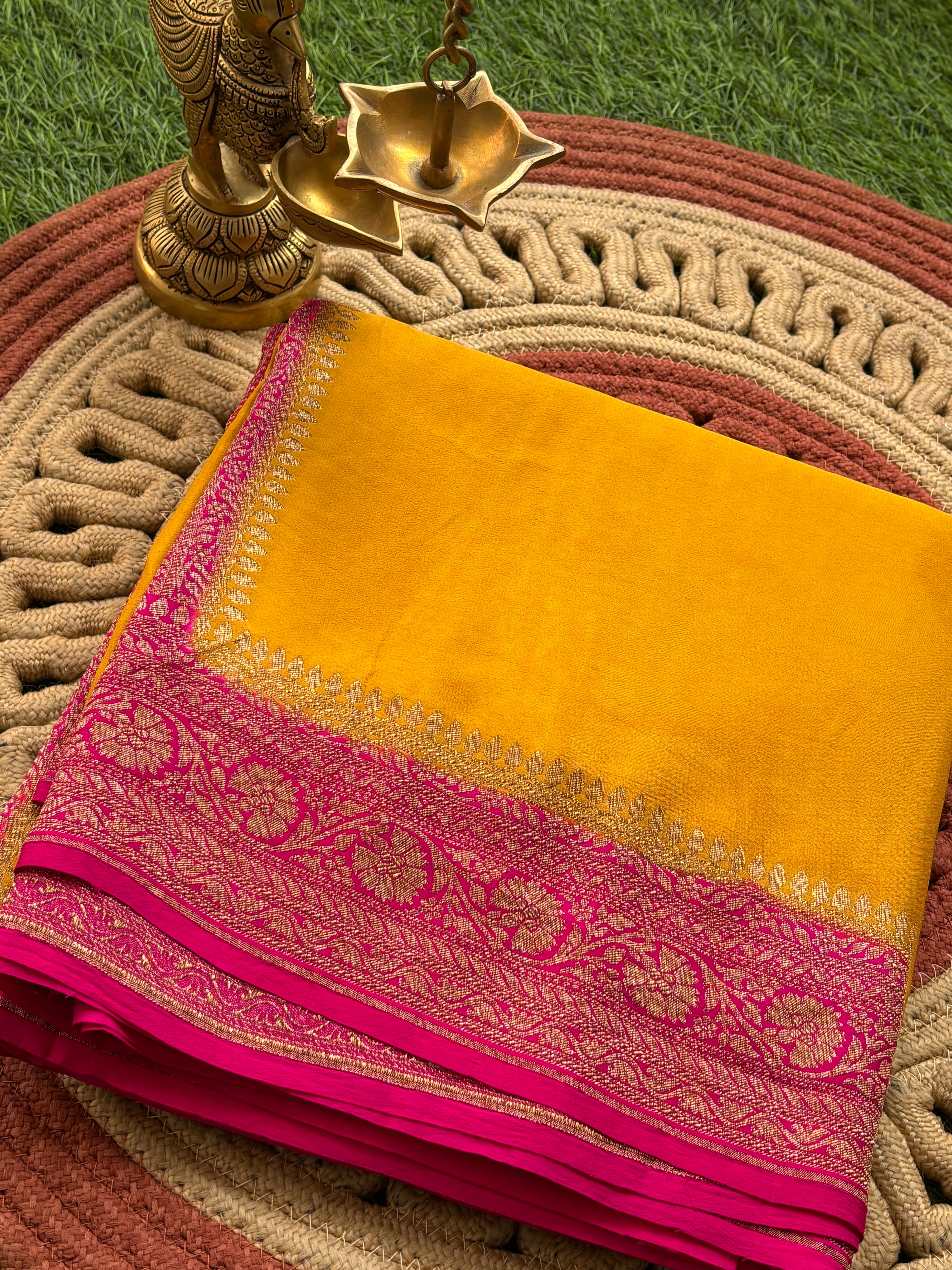 Mango Yellow Pure Banarasi Khaddi Crepe Silk Saree with Pink Border & Pallu | Chandrika Lifestyles