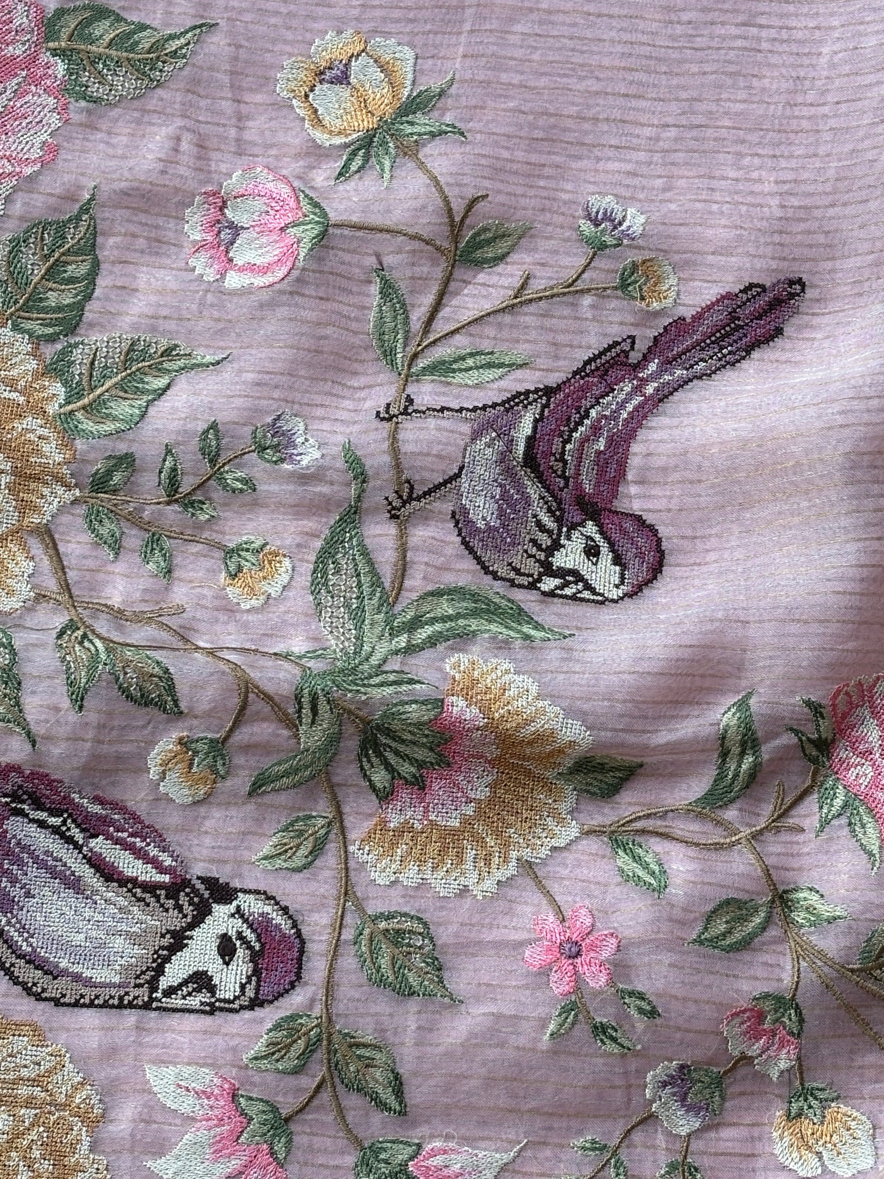 Baby Pink Pure Organza Saree with Floral & Bird Embroidery