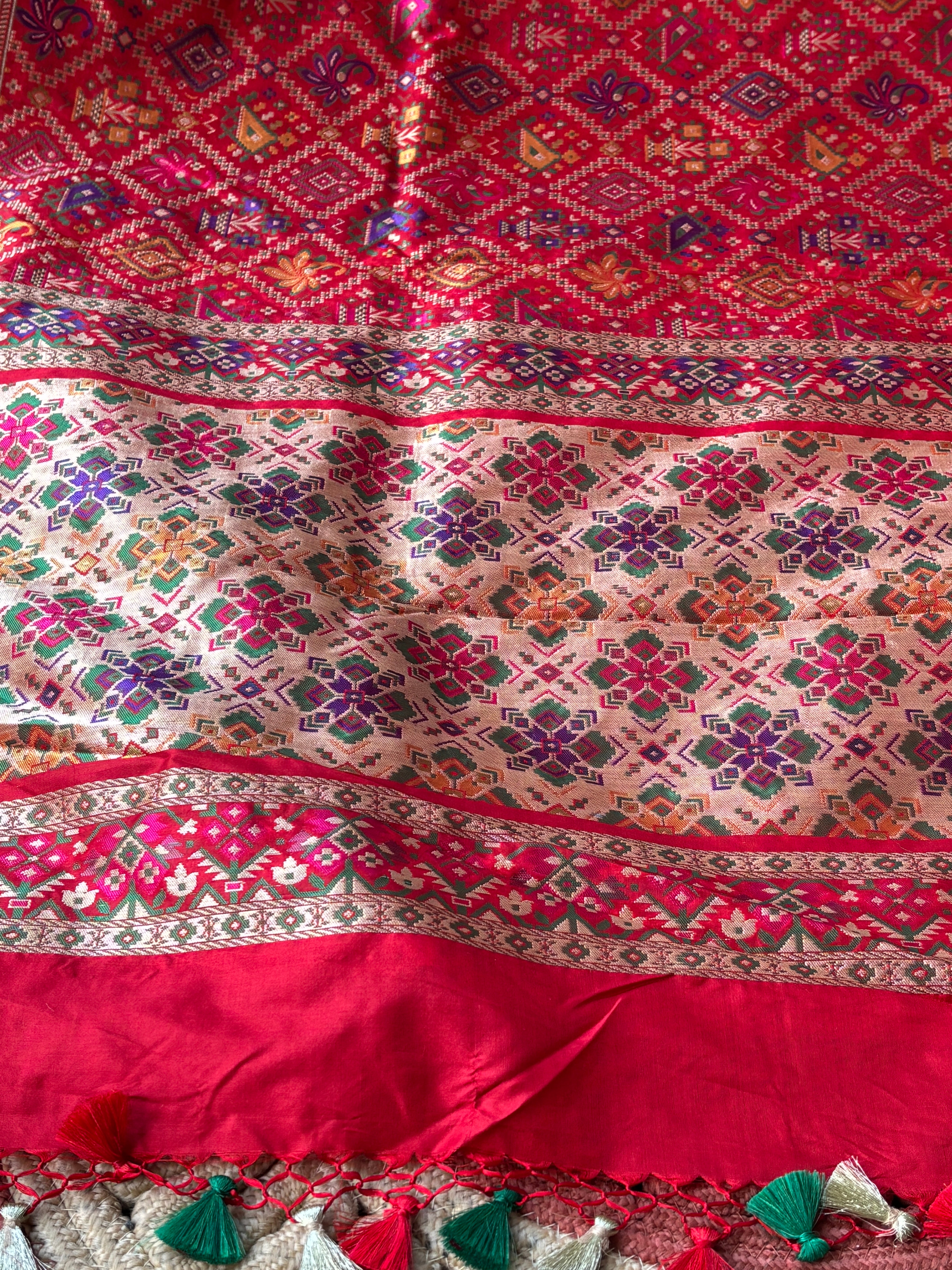 Red Banarasi Patola Silk Saree with Multicolour Weaving | Chandrika Lifestyles