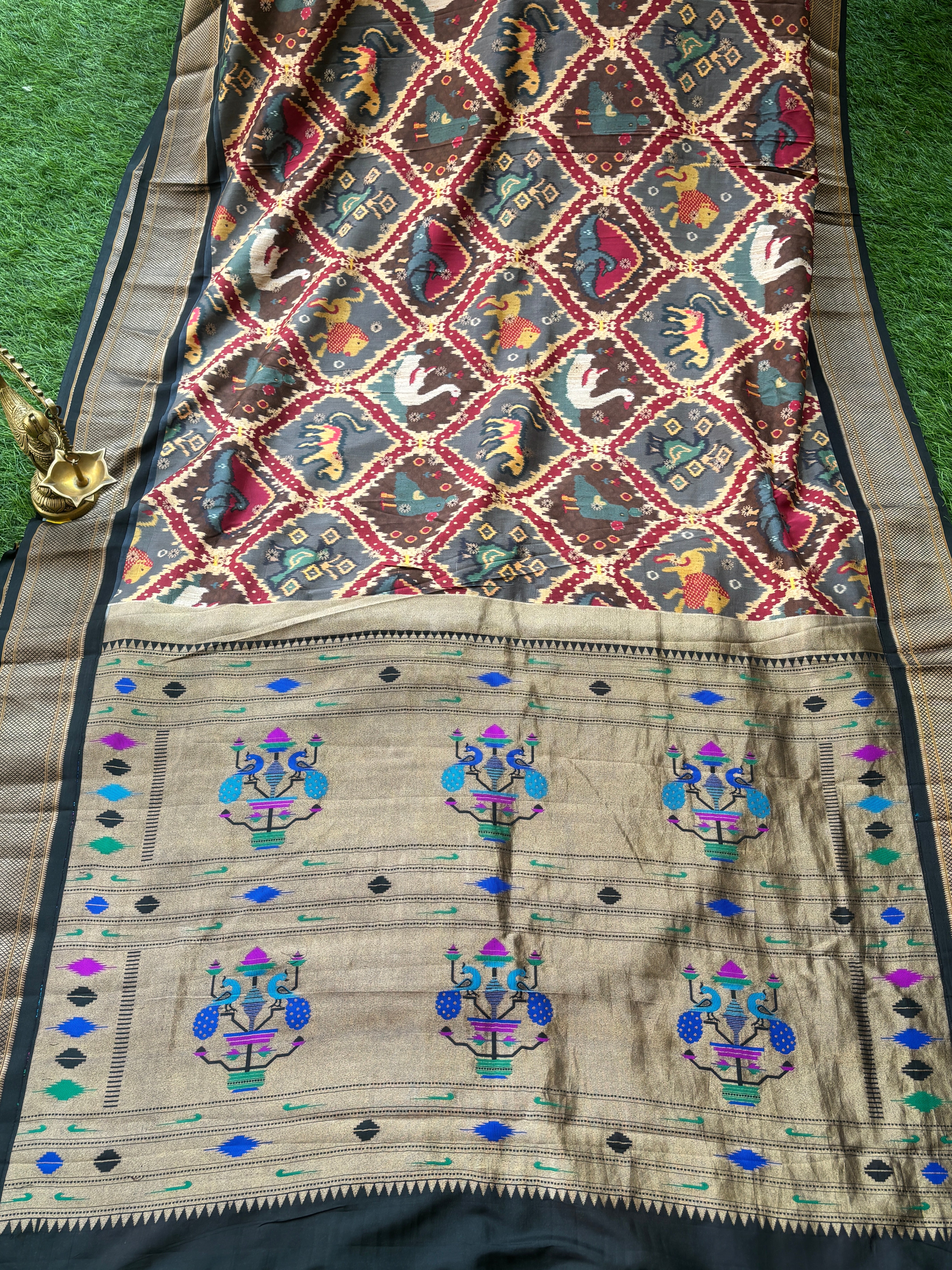 Pure Silk Black Paithani Saree with Brown Ikat Weaving and Traditional Paithani Border & Pallu
