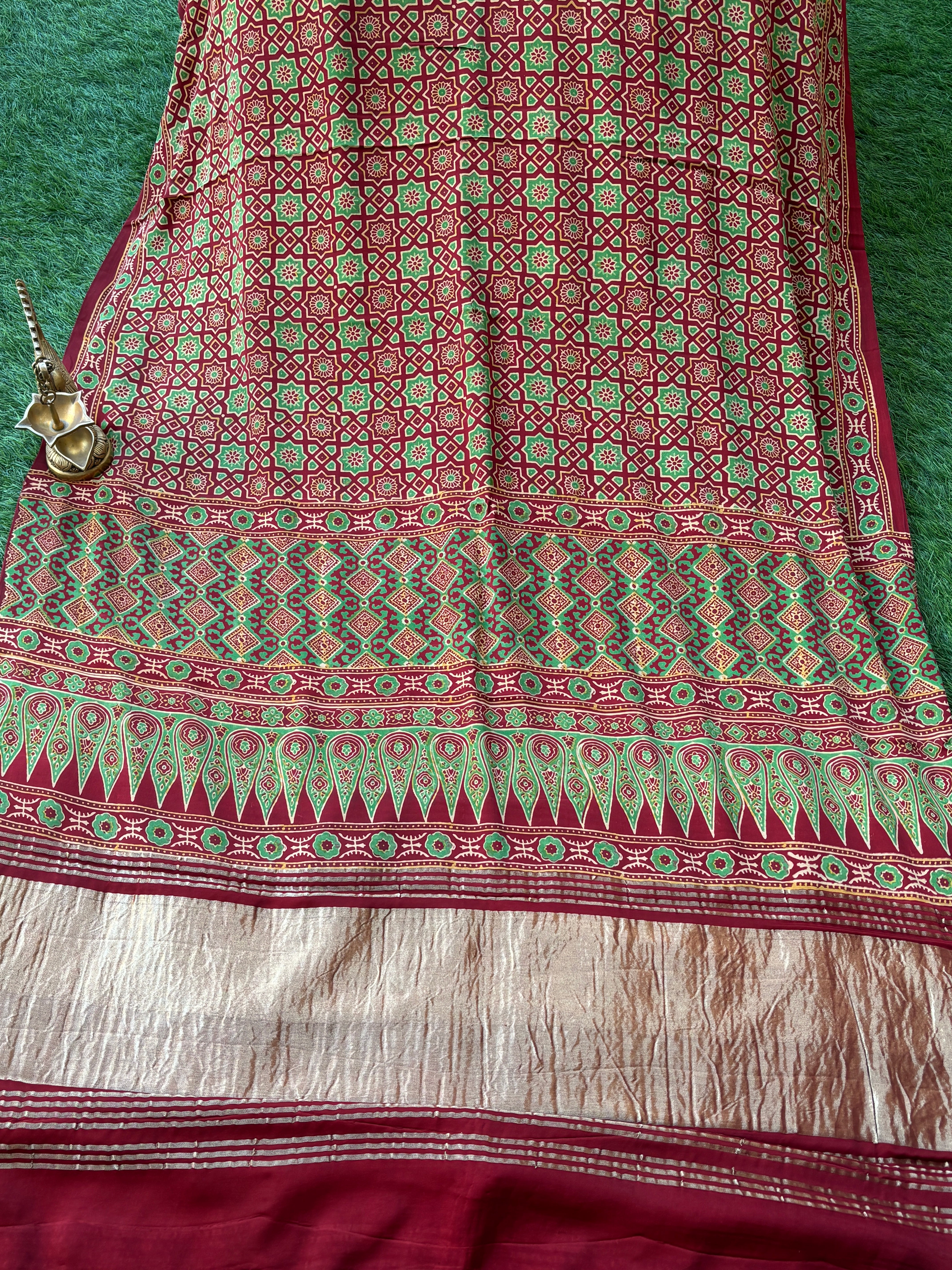 Maroon saree Pure Modal Silk Ajrak Hand Block Printed Saree with Lugdi Patta in Red & yellow
