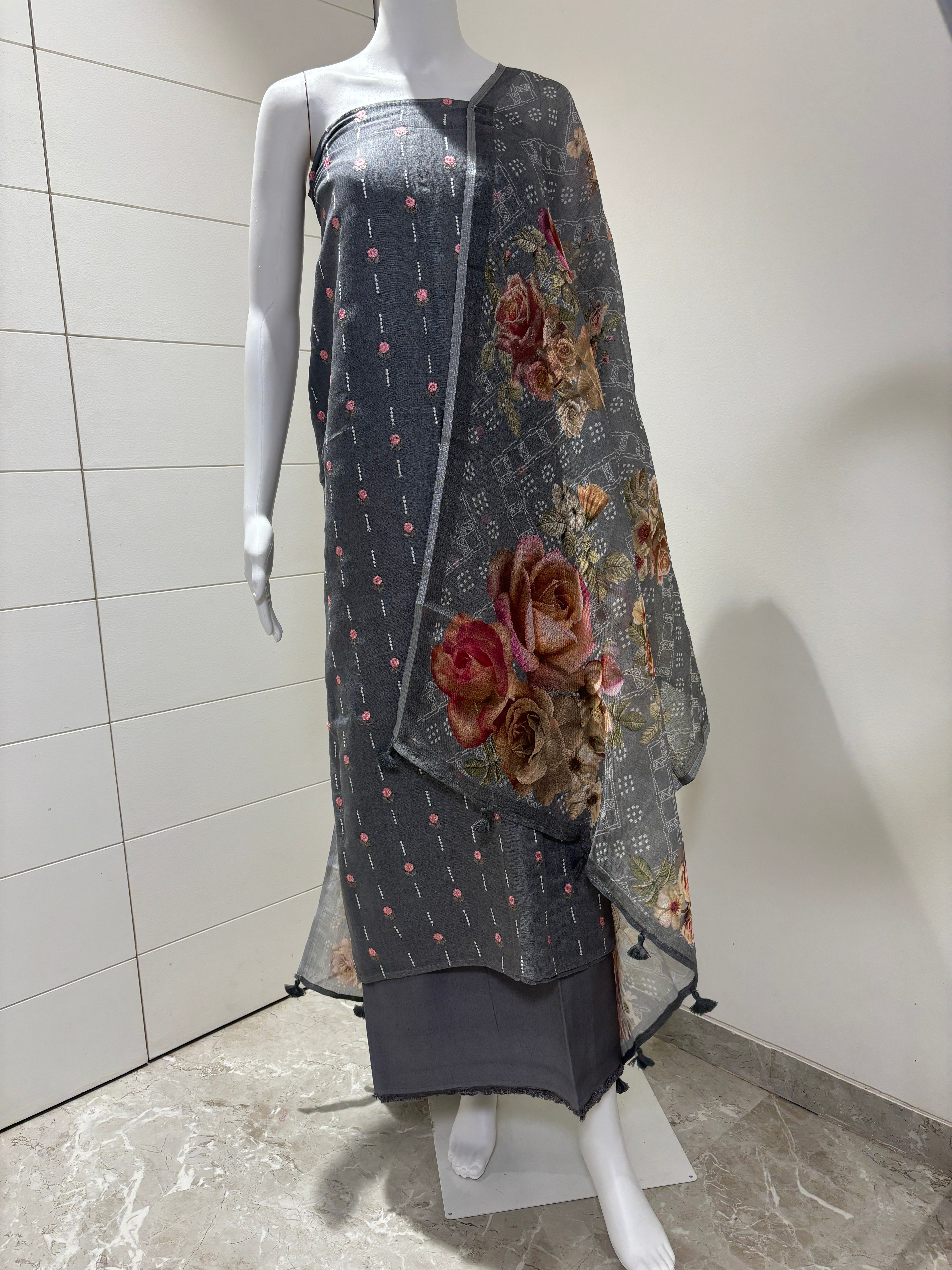 Grey Pure Linen Floral Embroidered Suit Material with Silver Zari Border and digital floral printed dupatta