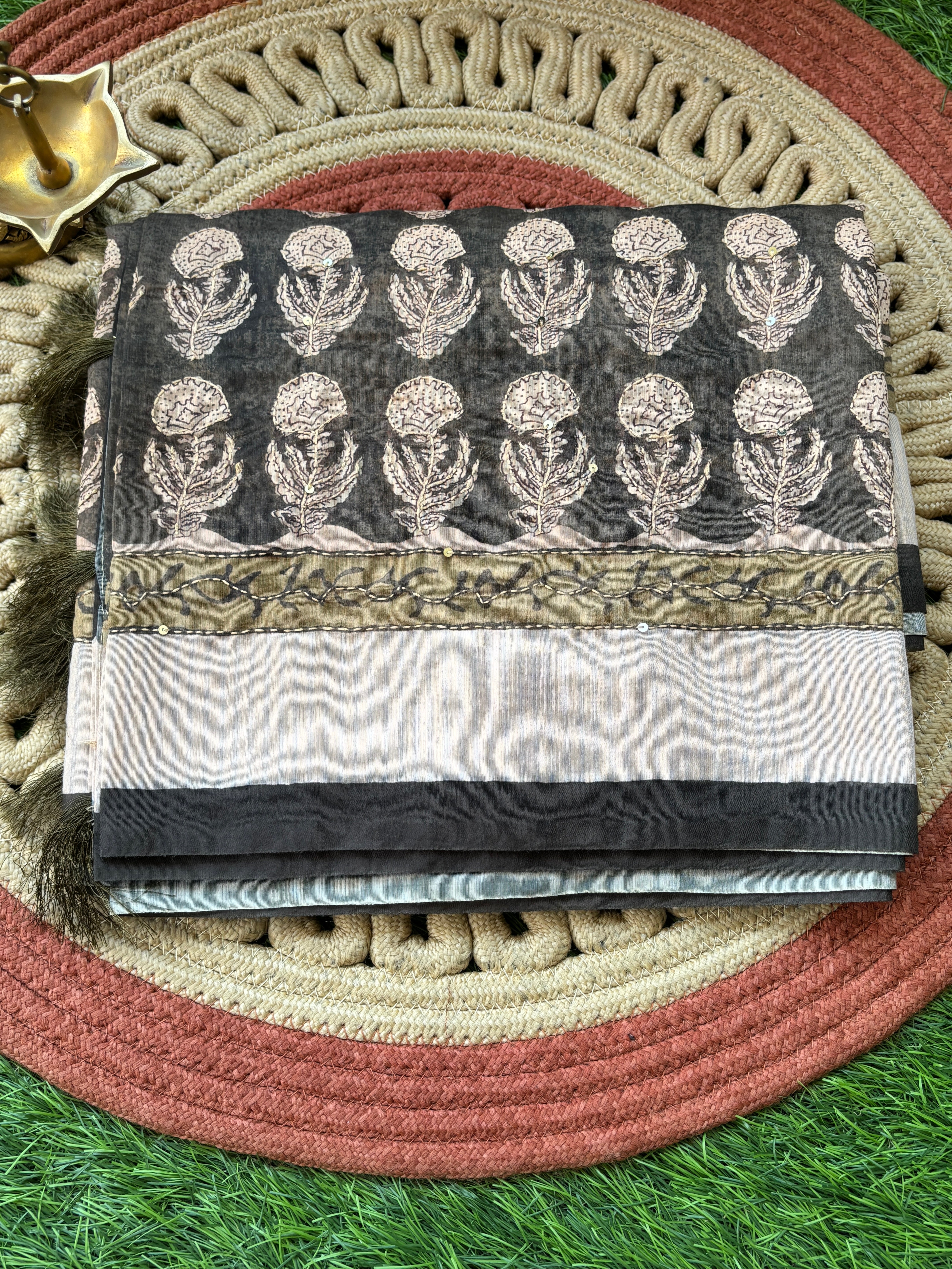 Mehndi Green Banarasi Mercerised Cotton Saree with Kantha Work